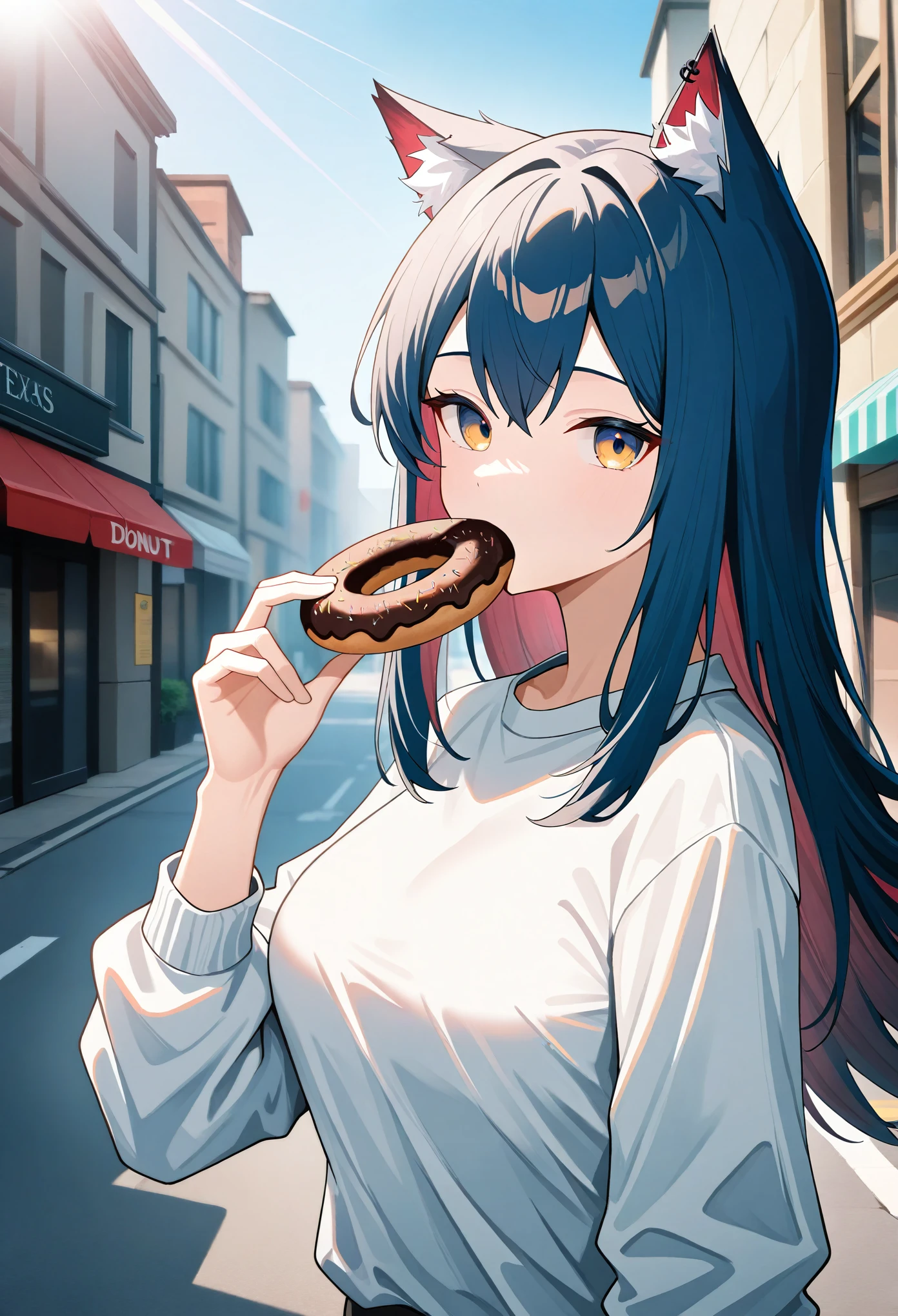 1girl, texas\(arknights\), arknights, upper body, looking at viewer, yellow eyes, breasts, eating, doughnut, street, outdoors, sunlight, masterpiece, best quality, very aesthetic, absurdres