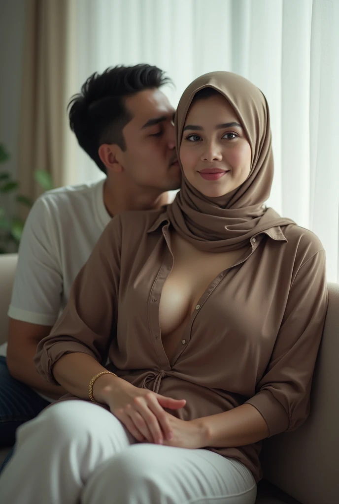 Beautiful hijabi girl doing sex with her boyfriend, pink hijab, fully naked , closed eyes