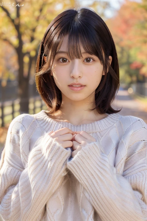 (masterpiece, best quality, perfect anatomy, highres, 8k, realistic, photorealistic, natural skin texture, no makeup:1.2), 1girl, solo, Japanese, age20, jp idol, parted lips, (very cute:1.3), large breasts, perfect figure, (oversized plain sweater:1.2), at autumn park, portrait