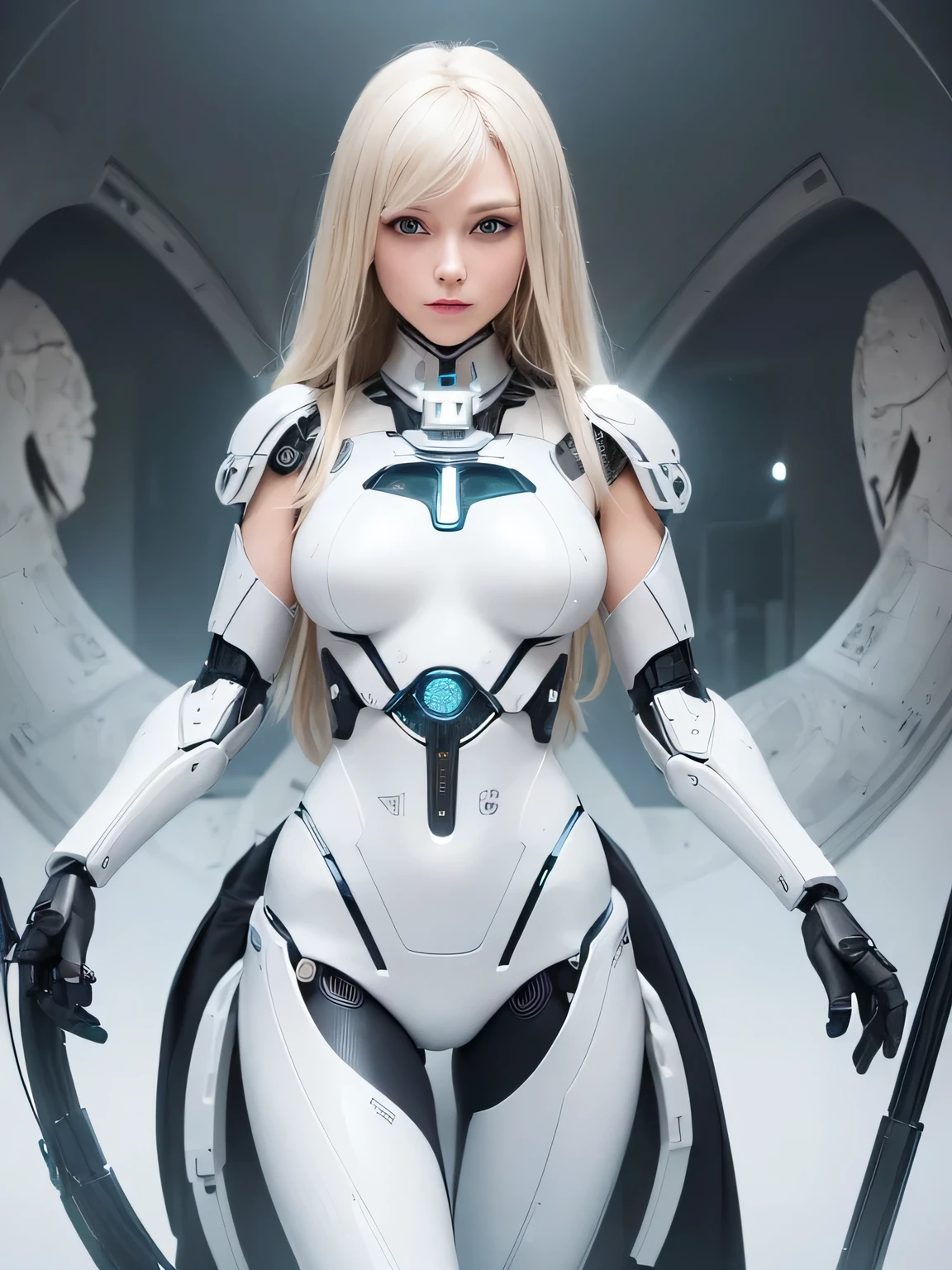 Close-up of a woman wearing a helmet in a straitjacket, beautiful white girl cyborg, gynoid cyborg body, perfect anime cyborg woman, perfect cyborg female, girl in mecha cyber armor, female cyborg, Cute cyborg girl, cyborg - girl with silver hair, young lady cyborg, Cyborg girl, beautiful alluring female cyborg, beautiful female cyborg