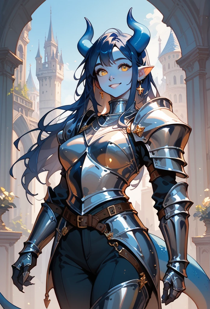 (cowboy shot) female knight, full knight armour, dark pants, Adult female kobold, with a long dark blue hair, long hair, tail, yellow eyes, blue scale skin small blue horns, and an athletic body Small loving smile, tower background.