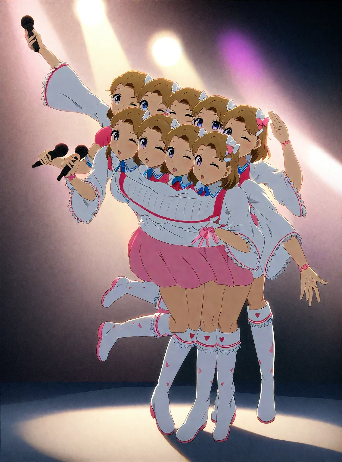 (masterpiece, best quality), best resolution, 16k, full body shot, perspective view, front lighting, (idol, idol group, idol clothes, idol dress), 1girl, solo, (two heads, three heads: 1.5), standing, dancing, holding microphone, wink, happy, open mouth, hand open, cute boots, robbon on head, concert stage, spotlight, extremely high details, (anime style, old school style)