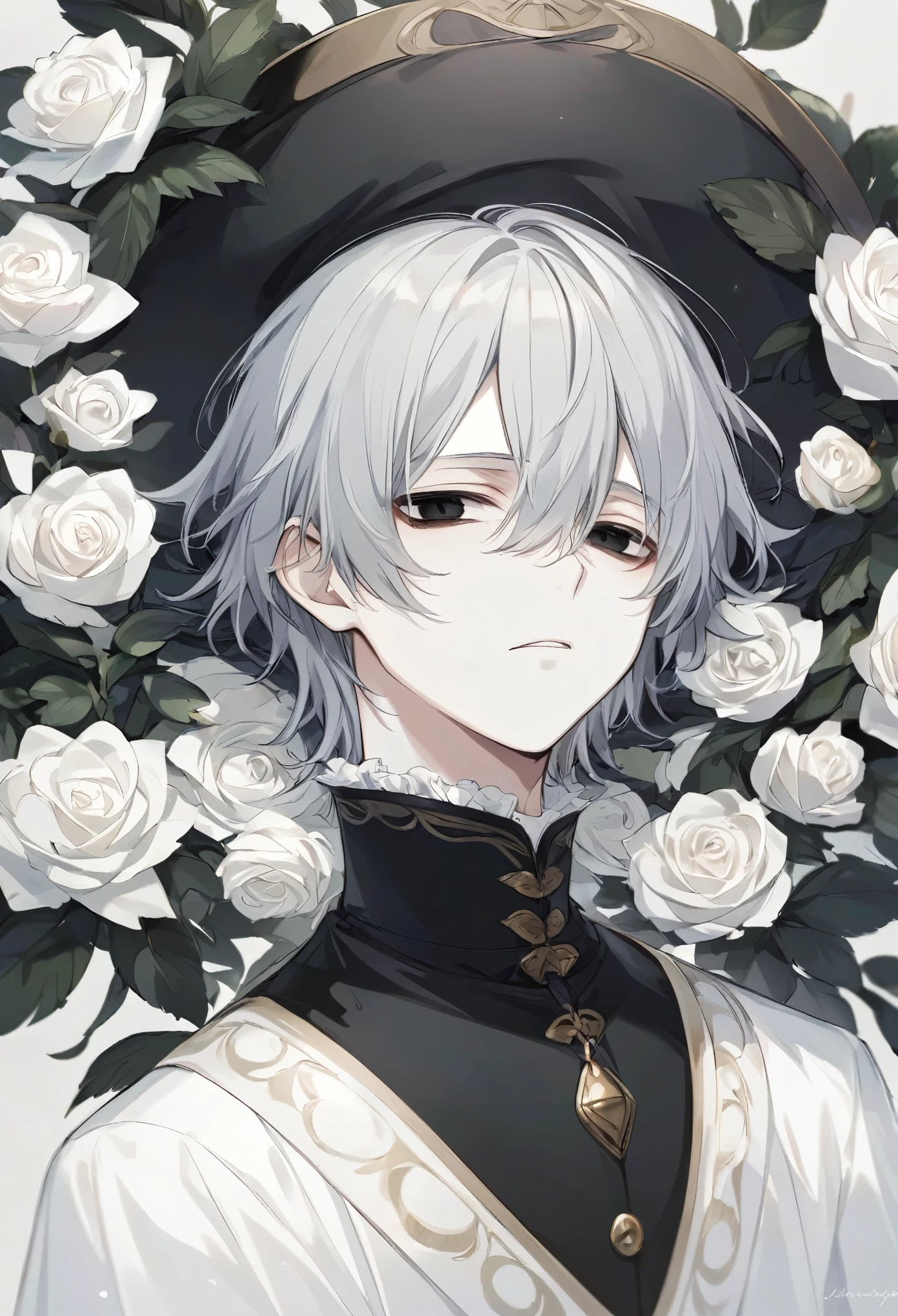 Boy with gray hair , sleepy eyes, features soft and delicate, black eyes, white skin , Cuello de tortuga negro, 1 man, Alone, Mirando al espectador
