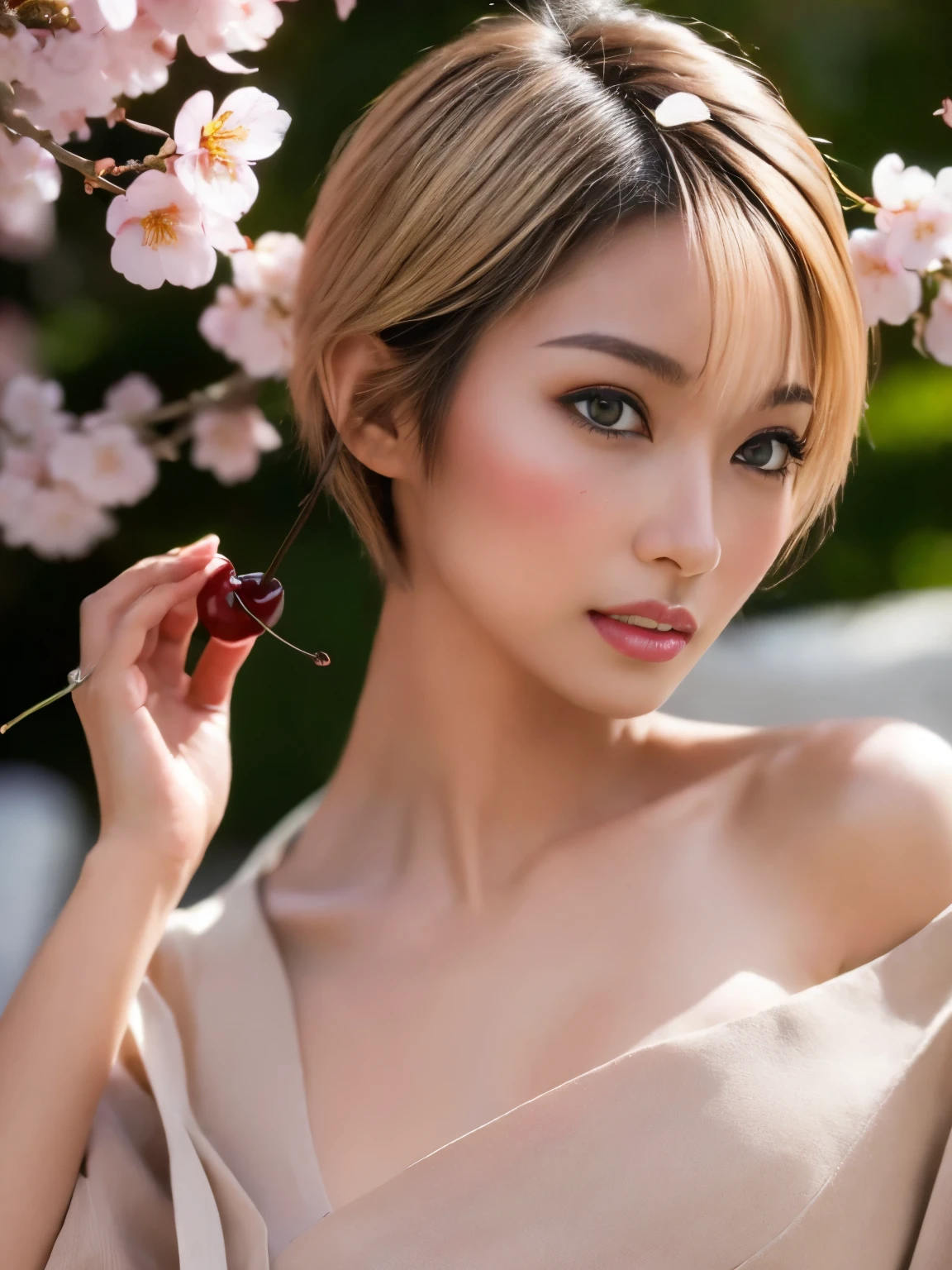 (masterpiece:1.2), super detailed, ultra high resolution, (Realistic, photo Realistic:1.37), High Definition RAW Color Photos , professional photos, has a very detailed face , Picture taken showing , very beautiful skin , Very fine fingers, very detailed nose, Highly detailed mouth , perfect anatomy, High definition background, ( famous Japanese actress :1.2), (Improve:1.35), ( flat chested), (, dark skin , blonde hair :1.3), ( very short hair, Carl ), kimono, whole body, ( cherry blossom petals fluttering :1.2)