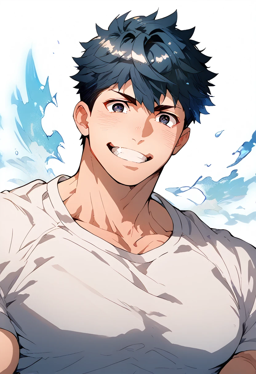 Delicate eyes and delicate face, 1 boy, 18 years old, handsome face, pure and cute face, Detailed face, White T-shirt with blue apron, cute, Male focus, muscular, muscular male, Chest muscles, black short hair, black eyes, detailed eyes, smile, Sole, Solitary, Full body portrait, clean face