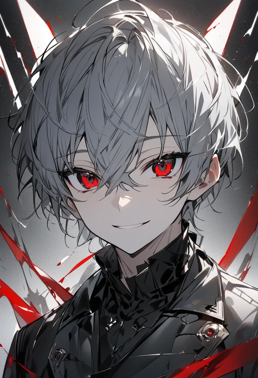  handsome、Alone, 1 male、 facing here、 charming eyes、masterpiece,  best quality,Gray Hair、 red eyes、 has a young face、smile、Holding a knife、modern。suit。I have stars in my eyes。