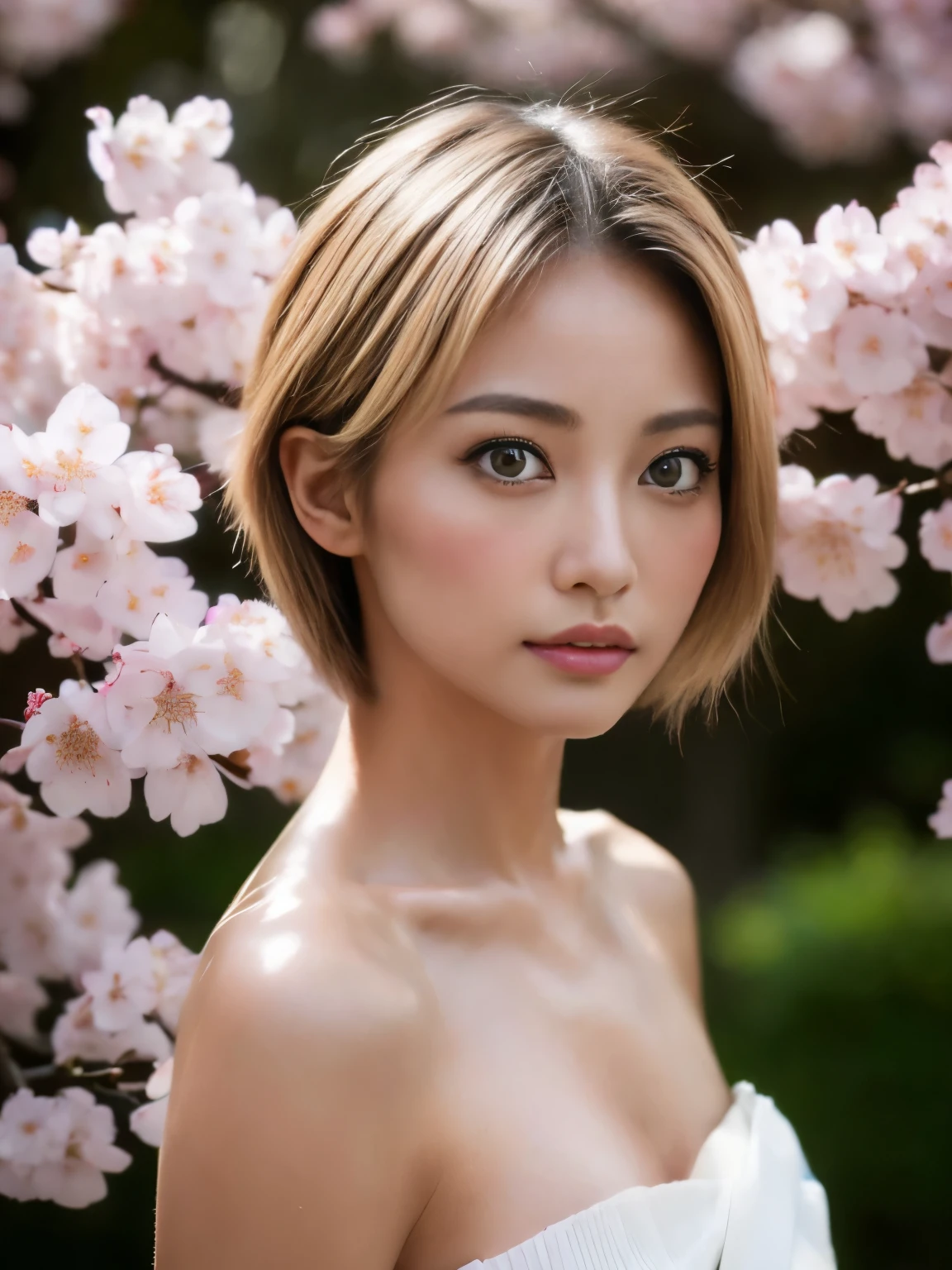 (masterpiece:1.2), super detailed, ultra high resolution, (Realistic, photo Realistic:1.37), High Definition RAW Color Photos , professional photos, has a very detailed face , Picture taken showing , very beautiful skin , Very fine fingers, very detailed nose, Highly detailed mouth , perfect anatomy, High definition background, ( famous Japanese actress :1.2), (Improve:1.35), ( flat chested), (, dark skin , blonde hair :1.3), ( very short hair, Carl ), kimono, whole body, ( cherry blossom petals fluttering :1.2)