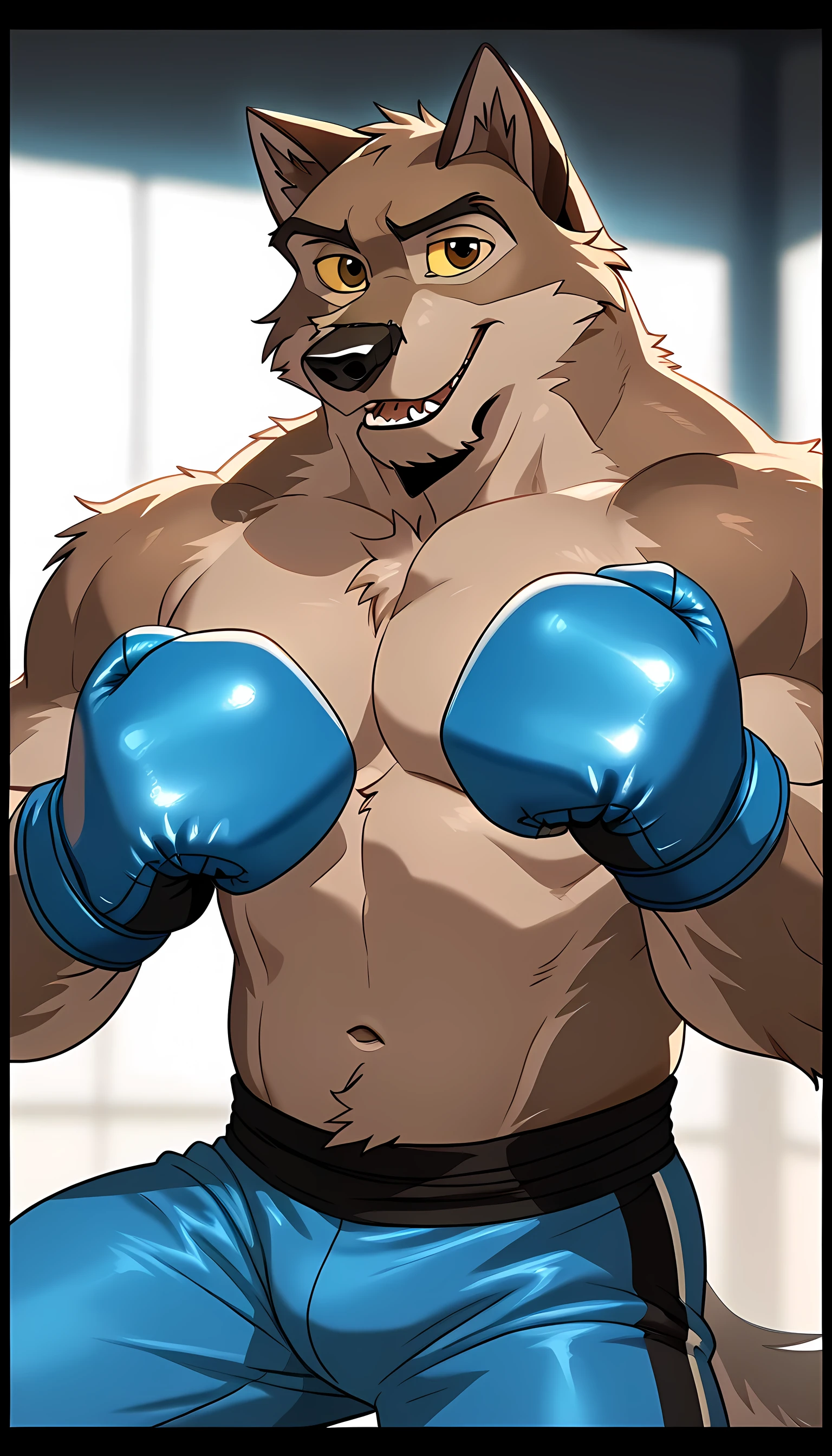 baltotwd, wolfdog, balto, brown eyes, yellow sclera, solo, detailed, detailed face, anthro, male, adult, muscular, blurry background:1.2, shirtless, wfa style, negger style, cel shaded:1.2, flat colors, smile, wearing blue boxing pants, wearing blue boxing gloves, fighting pose