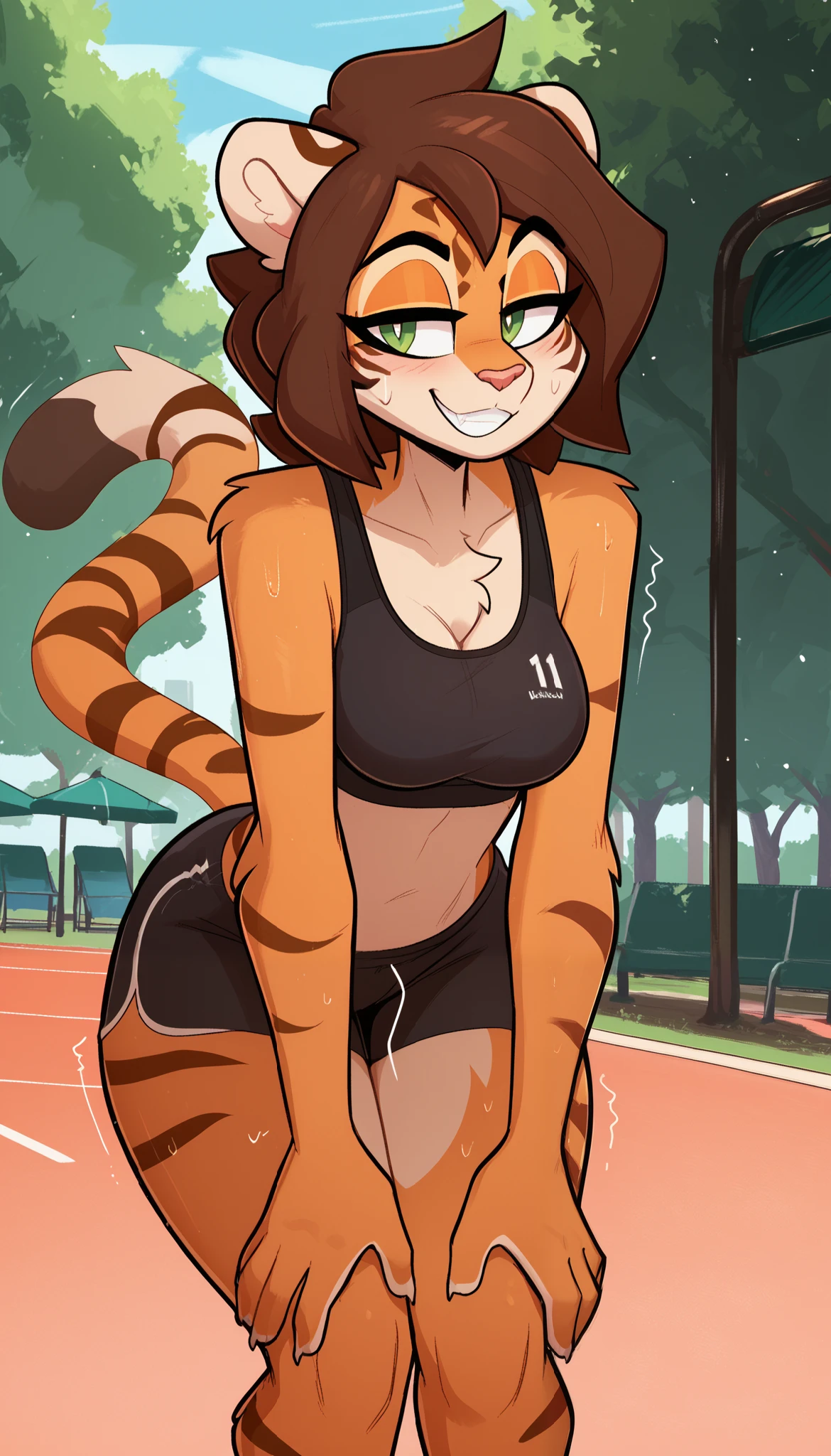 masterpiece, best quality, relaxed expression, 1girl, anthro, furry, fur, fluffy fur, tiger girl, furry, tiger ears, animal nose, eyes makeup, green eyes, tigrr tail, brown hair, medium hair, medium breasts, thick thighs, solo, (park), detailed, (sports bra, gym shorts), cute grin, standing, bent over, hands on thighs, looking at the viewer, half-closed eyes, trembling, (sweating), (kilinah), score_9, score_8_up, score_7_up, score_6_up, score_5_up, score_4_up