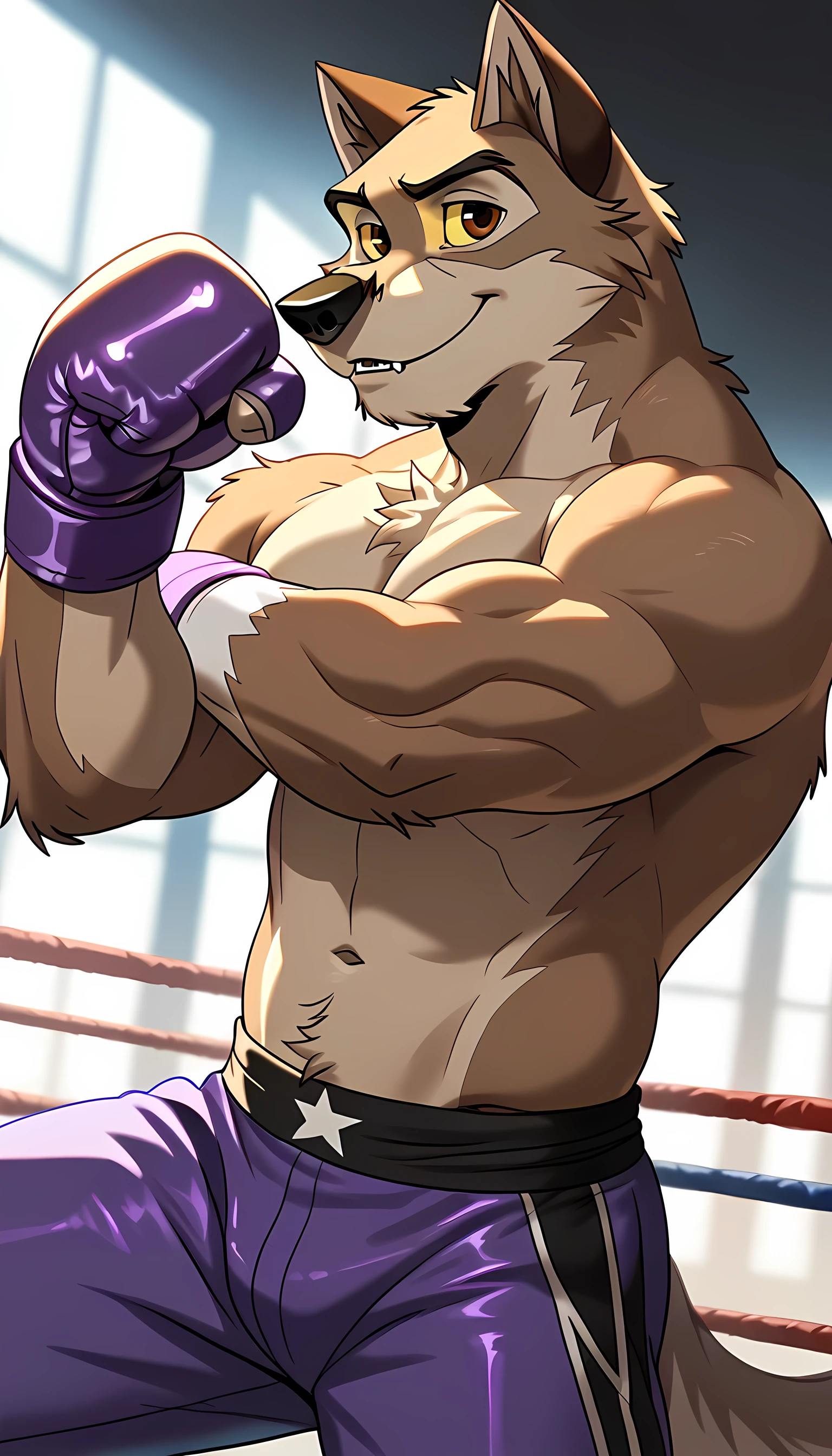 baltotwd, wolfdog, balto, brown eyes, yellow sclera, solo, detailed, detailed face, anthro, male, adult, muscular, blurry background:1.2, shirtless, wfa style, negger style, cel shaded:1.2, flat colors, smile, wearing purple boxing pants, wearing purple boxing gloves, fighting pose