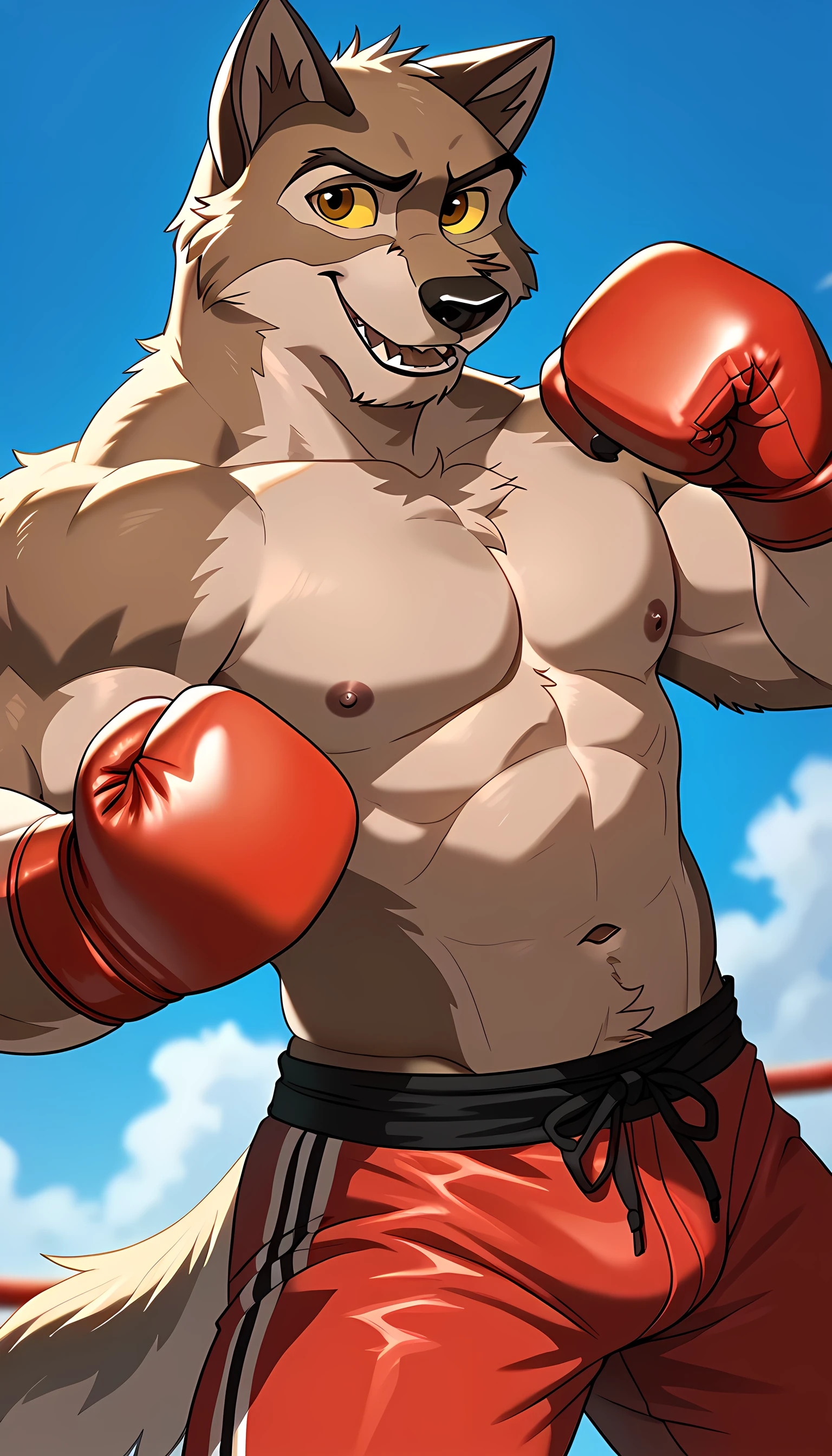 baltotwd, wolfdog, balto, brown eyes, yellow sclera, solo, detailed, detailed face, anthro, male, adult, muscular, blurry background:1.2, shirtless, wfa style, negger style, cel shaded:1.2, flat colors, smile, wearing red boxing pants, wearing red boxing gloves, fighting pose