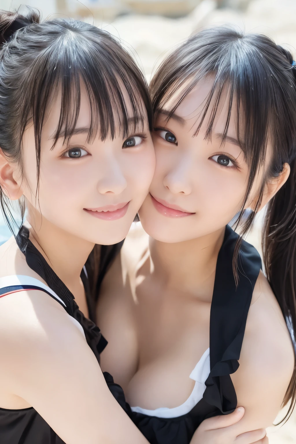 Sleeveless,  ponytail, Japanese Girls, 8k, Legal Photography, Best Quality, masterpiece, Realistic, Super detailed , One Girl, cute, The best smile,  beautiful eyes, Long Hair,  perfect face、Cleavage、front、 looking at the camera 、 shortcuts, look at me、front、 off-shoulder 、 sandy beach、Two girls on good terms