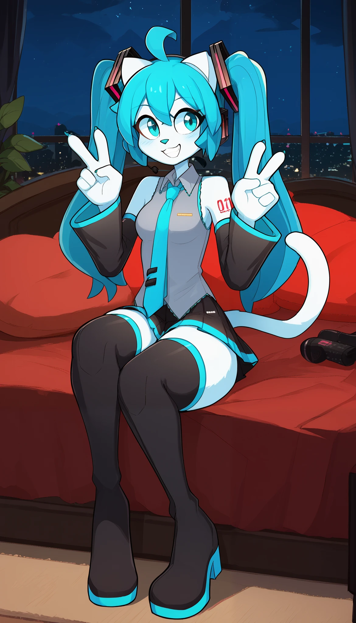 Cute expression, cute grin, cute eyes, 1girl, anthro, furry, white fur, white body, fluffy fur, cat girl, blue eyes, (19-year-old), cat ears, medium breast, thick thighs, solo, (bedroom), (night), detailed, black stockings, (kilinah), miku hatsune, ahoge, aqua eyes, aqua hair, crossed bangs, hair between eyes, hair ornament, headphones, long hair, twintails, aqua necktie, black footwear, black skirt, black sleeves, boots, collared shirt, detached sleeves, grey shirt, necktie, pleated skirt, shirt, skirt, sleeveless, sleeveless shirt, thigh boots, tie clip, peace sign on both hands, score_9, score_8_up, score_7_up, score_6_up, score_5_up, score_4_up