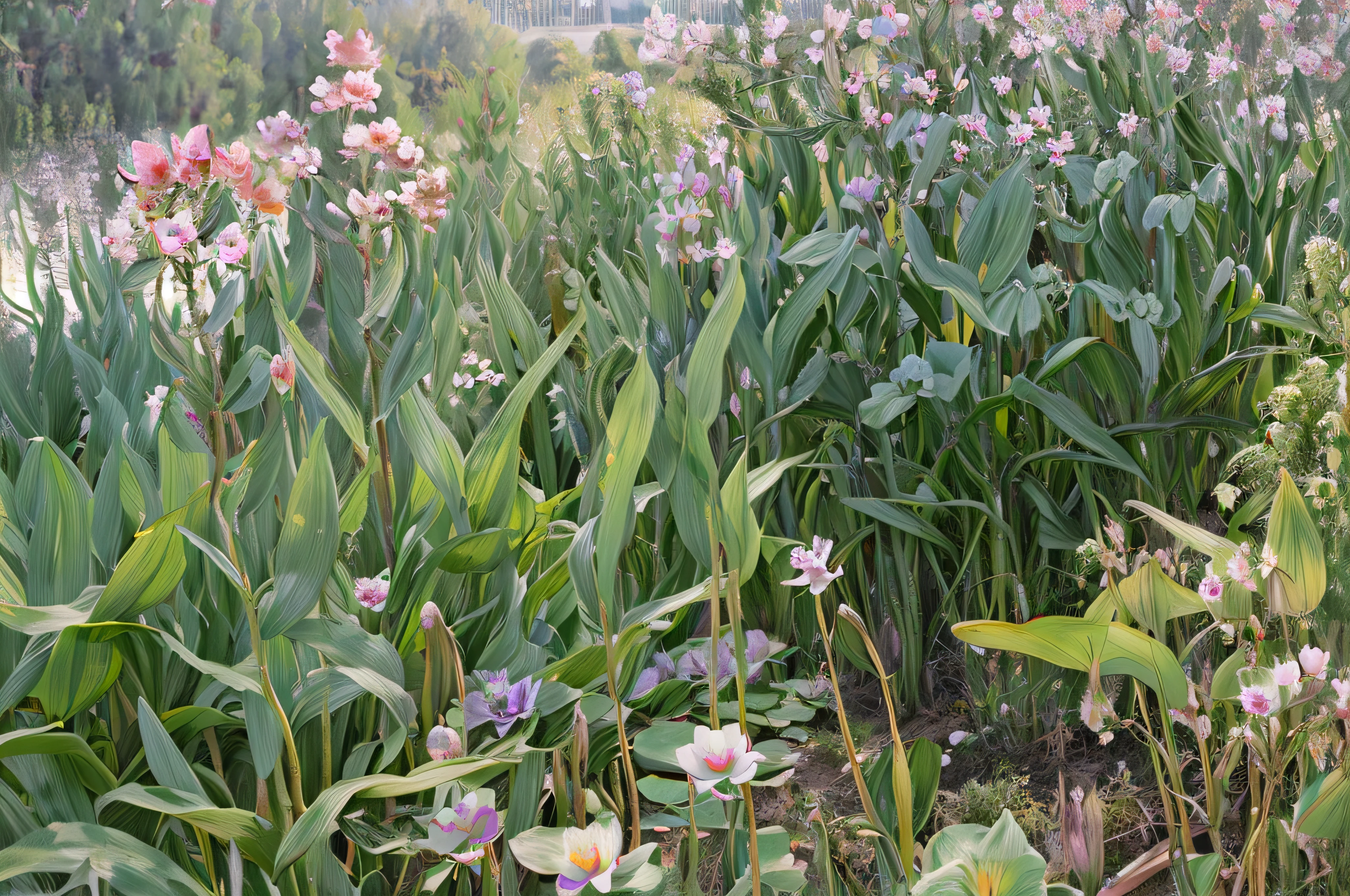  Many plants are growing in the meadow,  Lush garden in the background ,  are covered with fluffy orchids , Orchids are in full bloom, lily, Post-Processing, 大lily, Post-processing, rubrum lily, Look right,  Tall corn in the foreground , Shooting at 85mm , Broad irises ,  flowers with very long petals 