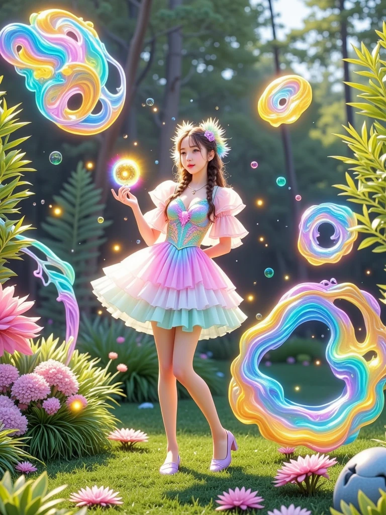 [Vision:1.0]，[Wide Angle:1.0]， cute little princess blowing bubbles ， forming magical animal shapes ， wearing a flowing pastel dress ，fantastic expression ， surrounded by whimsical gardens ， charming atmosphere ， colorful glowing magic bubbles， forming intricate animal patterns ，fairy tale，Fantasy Art，(3d, C4D Rendering, Bright colors，Bright，RGB,  Colourful)，(High contrast:1.5)，(whole body:1.8), Magazine Photography， is popular on social platforms，((Dopamineism))，((( dopamine color scheme )))，Facing the screen，Dopamine color，High Saturation， High Contrast， high definition ，Dopamine，(in the style of Y2K)