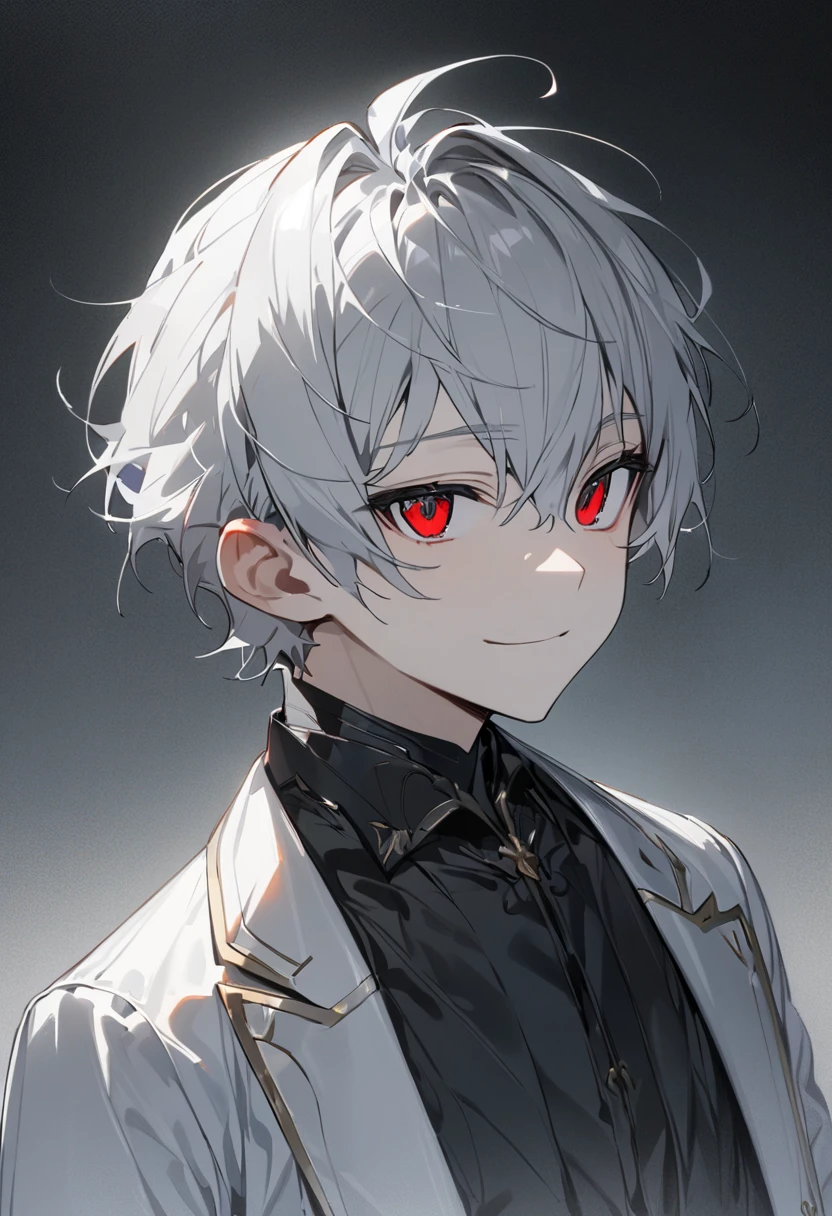  handsome、Alone, 1 male、 facing here、 charming eyes、masterpiece,  best quality、Gray Hair、 red eyes、 has a young face、 gentle smile、Holding a knife、modern。suit。