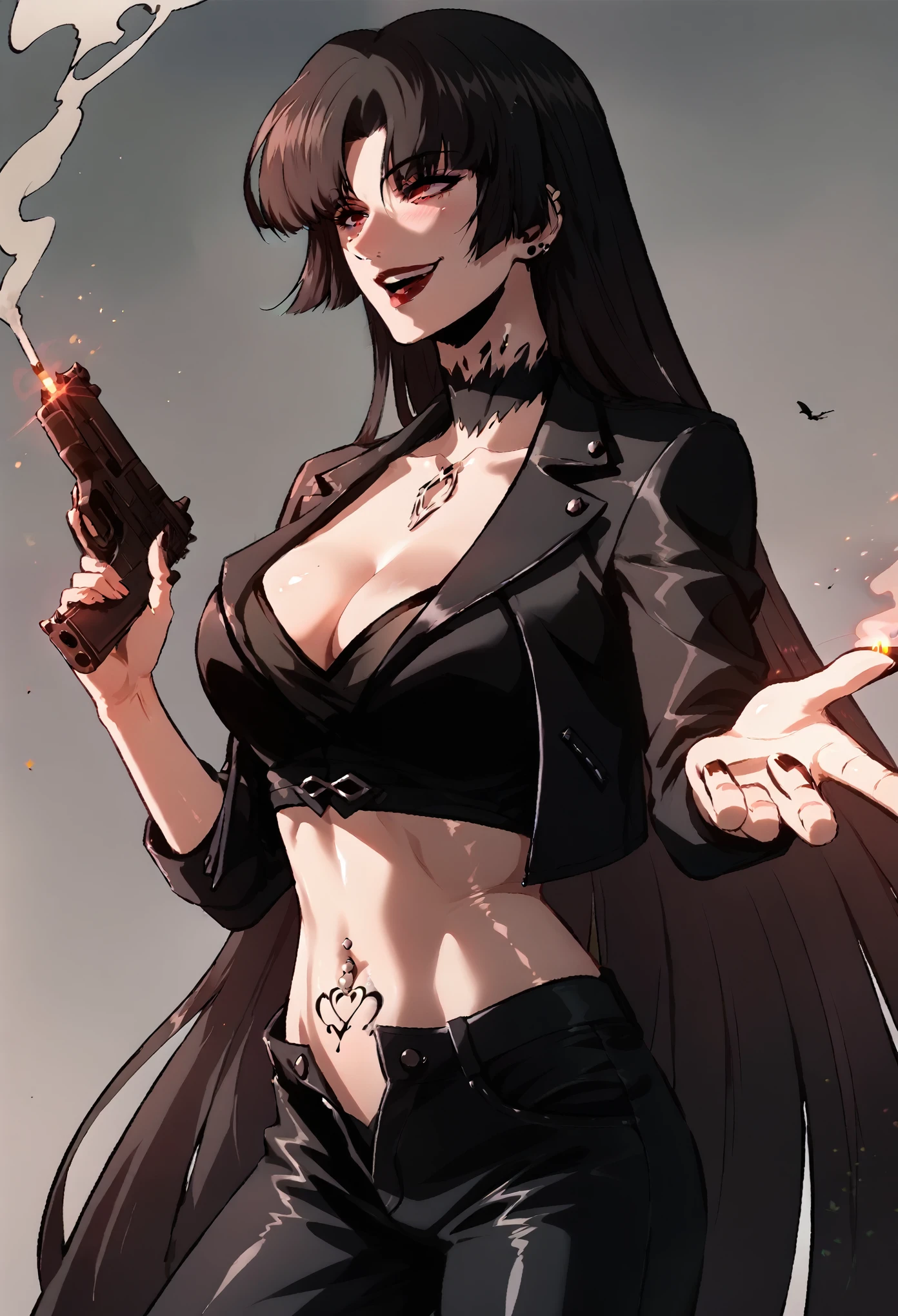 Moebius, red eyes, black hair, very long hair, large breasts, ear piercing, long hair, blush, lipstick,Hot girl, baddie, smoking, sensual, attractive, masterpiece, best quality, highly detailed, a girls with a gun, evil smile , open mouth, sexy gaze, badass
pose , evil smile, smile, (nsfw) not safe for work, guns blazing, anime girl with long hair, beautiful long
haired girl, navel, evil expression, exposed belly, exposed navel, exposed midriff, exposed lower belly,
long black pants, crop top, cleavage, unbuttoned leather pants ,open fly, low rise black leather pants,
leather jacket, holding a gun, holding pistol, tattoo on body, tattoo midriff, rose tattoo, navel piercing, shiny skin
