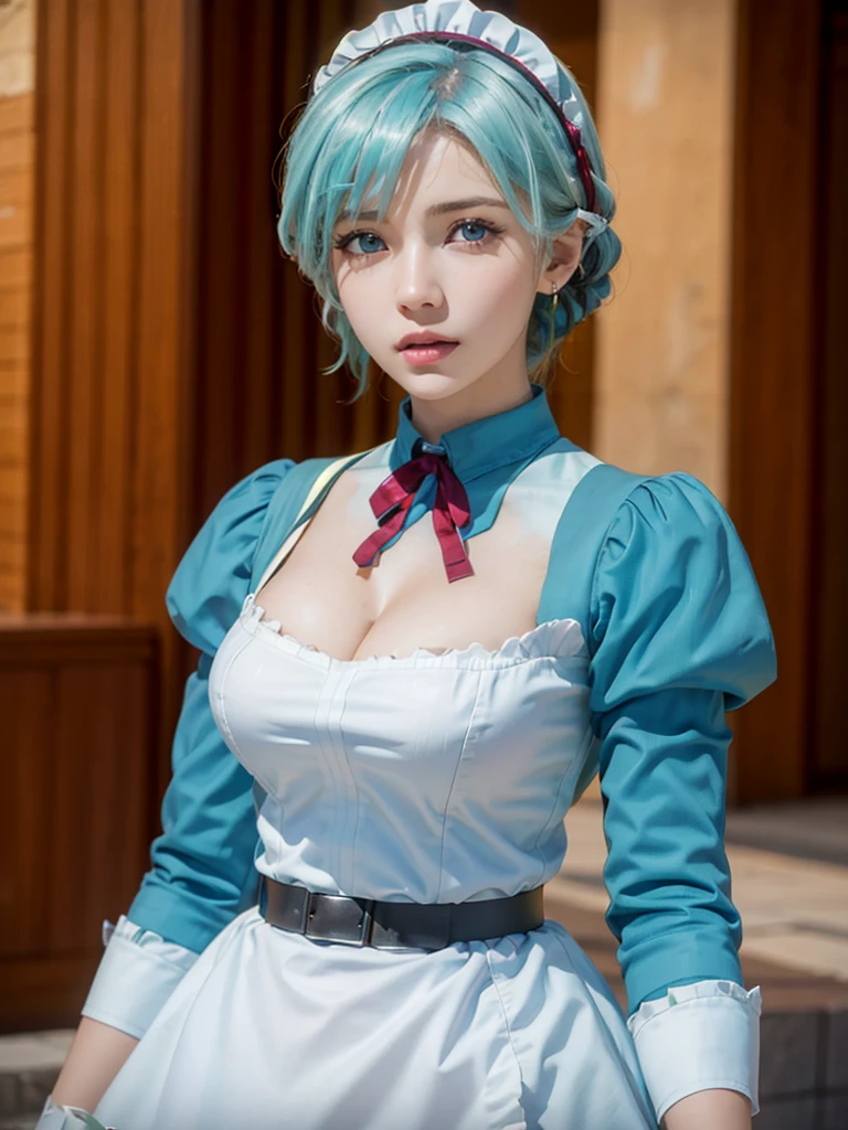 African Woman, photorealistic, (4k), (upper body), depth of field, (Masterpiece), (realistic skin texture), highly detailed, intricate, highly detailed, professional photography, bokeh, high resolution, sharp detail, best quality, girl, hair aqua, medium hair, blue eyes, aqua maid dress, maid headdress, frills, apron, standing,