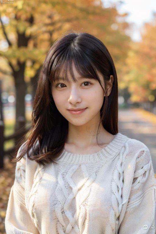 (masterpiece, best quality, perfect anatomy, highres, 8k, realistic, photorealistic, natural skin texture, no makeup:1.2), 1girl, solo, Japanese, age20, jp idol, shy smile, (very cute:1.3), large breasts, perfect figure, (oversized plain sweater:1.2), at autumn park, portrait