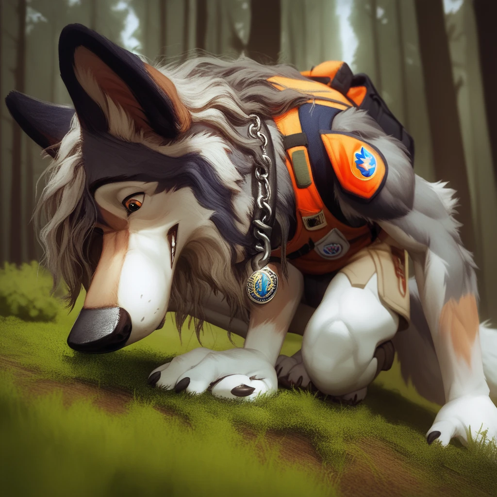 score_9, score_8_up, score_7_up, score_6_up,  a very extra long haired, anthro furry, wolf, wearing a search and rescue vest, forest, chain collar, rescue badge, sniffing the ground, crouching, long snout, long wavy hair 