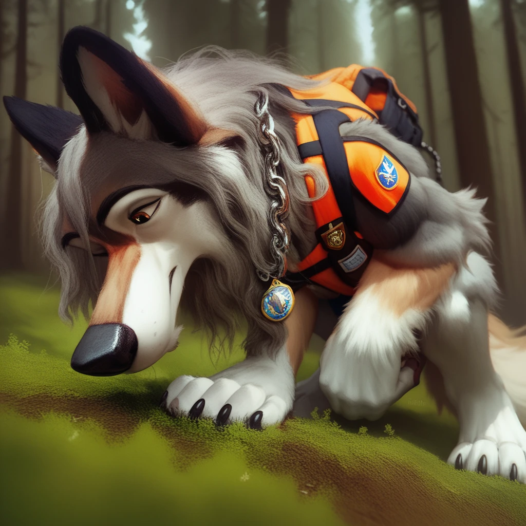 score_9, score_8_up, score_7_up, score_6_up,  a very extra long haired, anthro furry, wolf, wearing a search and rescue vest, forest, chain collar, rescue badge, sniffing the ground, crouching, long snout, long wavy hair 