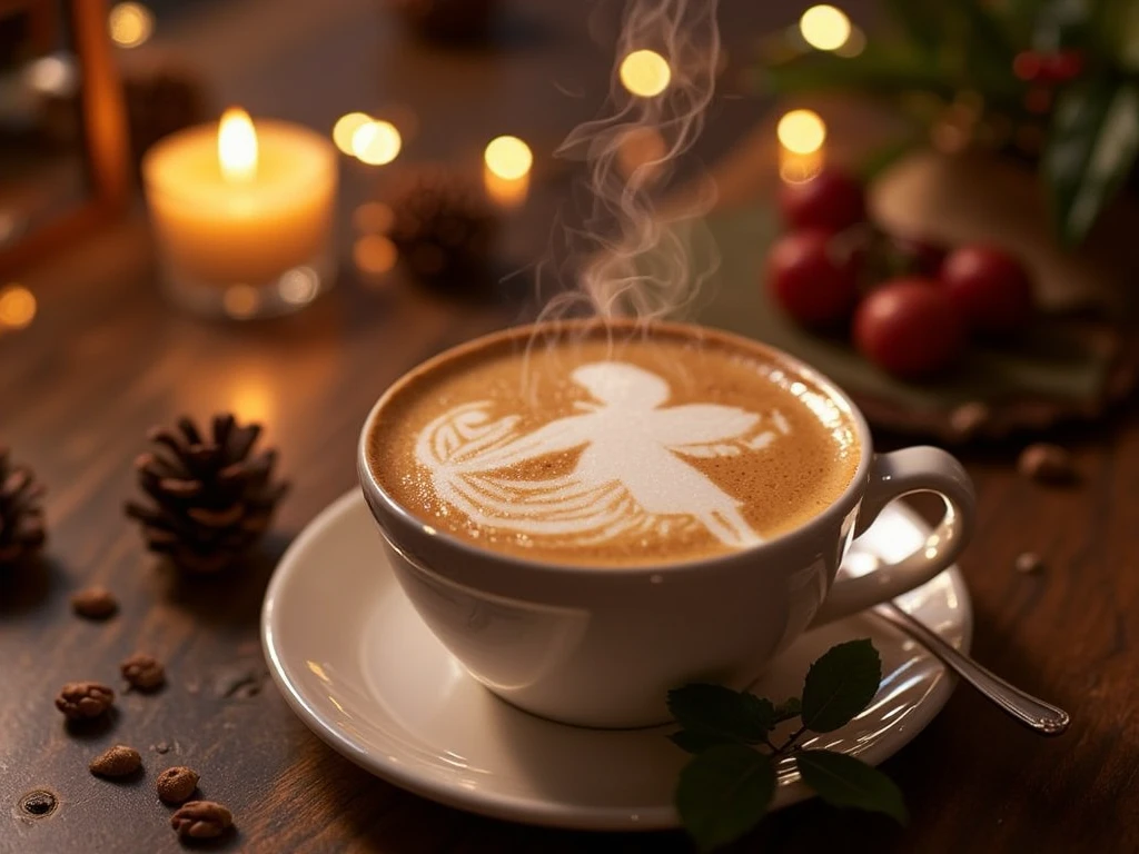 ((masterpiece))  ((Highest quality))  ((photography))  
A hyper-realistic photograph of a the surface of a steaming cup of latte coffee with intricate *Latte Art* depicting  a fairy, surrounded by a cozy *Christmas* atmosphere. The cup is placed on a wooden table with soft  lights glowing in the background, casting a warm and magical ambiance. The fairy design in the latte foam is detailed and perfectly crafted, evoking a sense of artistry and festive charm. The scene includes subtle holiday elements like pinecones, a sprig of holly, and a blurred Christmas tree in the distance, enhancing the enchanting mood.