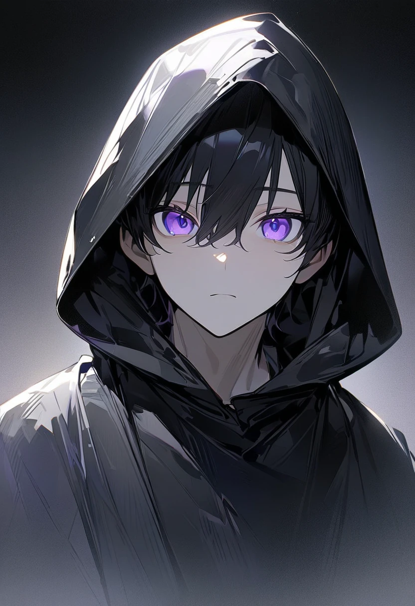  handsome, Alone, 1 boy、 facing here、 charming eyes、masterpiece,  best quality,, gaze at me,Purple Eyes、 black hair、 black hood、 No Emotion、 charming eyes、 long bangs 、 has a young face