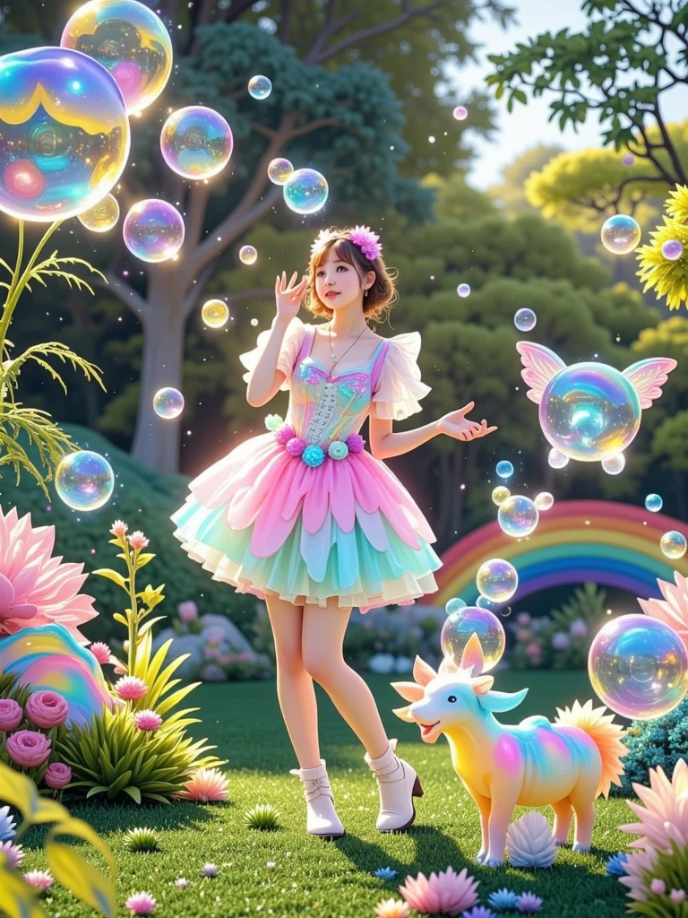 [Vision:1.0]，[Wide Angle:1.0]， cute little princess blowing bubbles ， forming magical animal shapes ， wearing a flowing pastel dress ，fantastic expression ， surrounded by whimsical gardens ， charming atmosphere ， colorful glowing magic bubbles， forming intricate animal patterns ，fairy tale，Fantasy Art，(3d, C4D Rendering, Bright colors，Bright，RGB,  Colourful)，(High contrast:1.5)，(whole body:1.8), Magazine Photography， is popular on social platforms，((Dopamineism))，((( dopamine color scheme )))，Facing the screen，Dopamine color，High Saturation， High Contrast， high definition ，Dopamine，(in the style of Y2K)