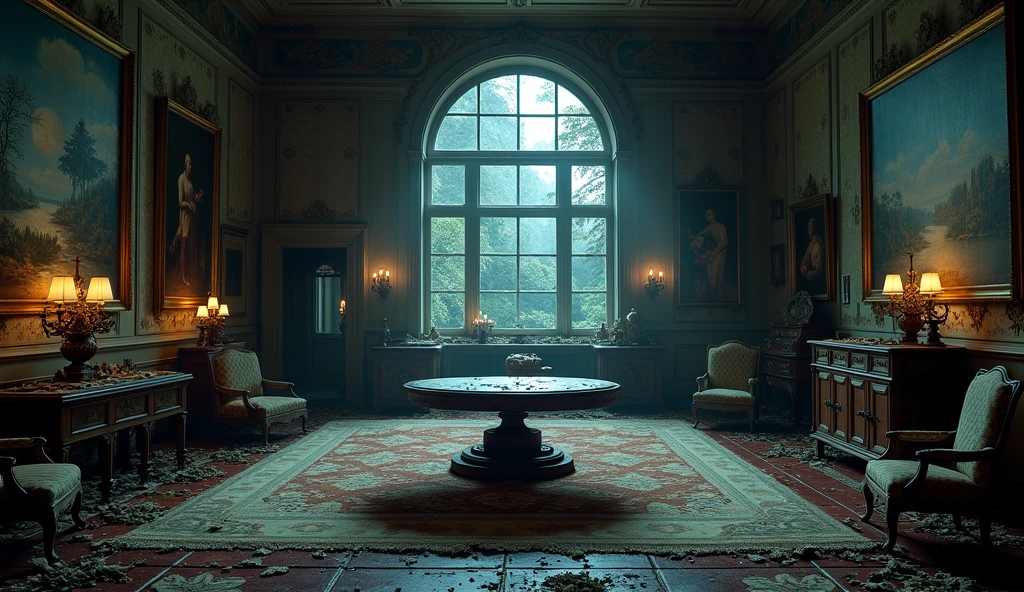 A dimly lit, old-fashioned room with furniture from the 1870s. Objects like books, plates, and chairs are floating mid-air, casting eerie shadows on the walls. The atmosphere is tense, with an unseen force seemingly in control of the room."