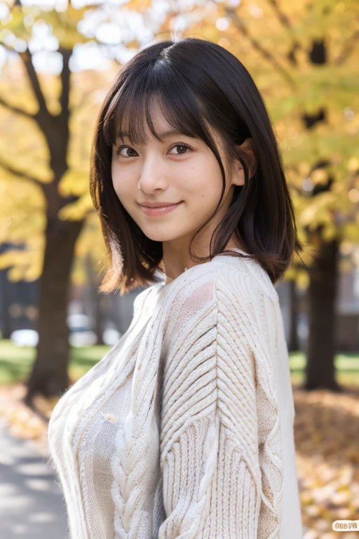 (masterpiece, best quality, perfect anatomy, highres, 8k, realistic, photorealistic, natural skin texture, no makeup:1.2), 1girl, solo, Japanese, age20, jp idol, shy smile, (very cute:1.3), large breasts, perfect figure, (oversized plain sweater:1.2), at autumn park, portrait