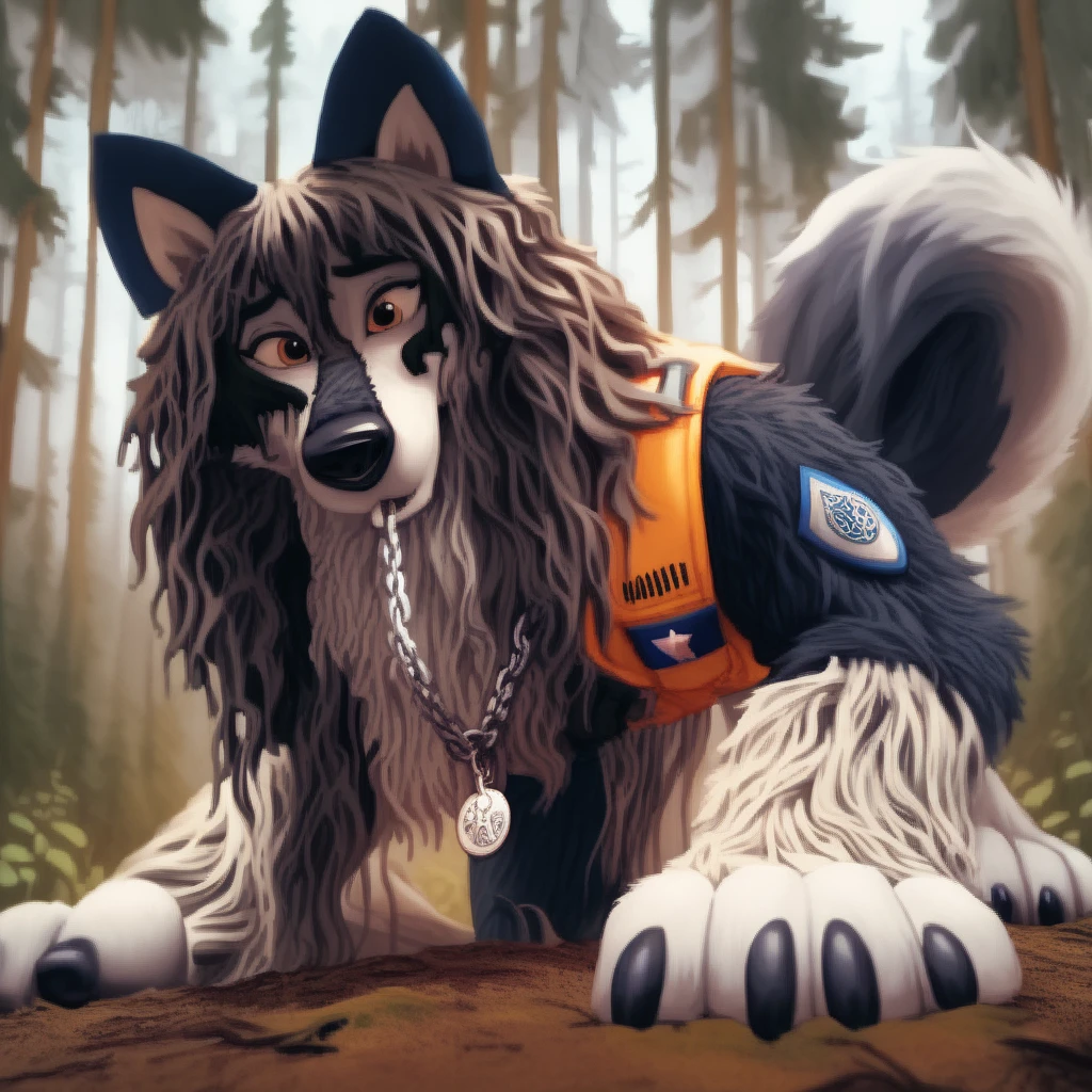 score_9, score_8_up, score_7_up, score_6_up,  a very extra long haired, anthro furry, wolf, wearing a search and rescue vest, forest, chain collar, rescue badge, sniffing the ground, crouching, long snout, long wavy hair 