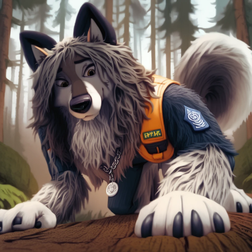 score_9, score_8_up, score_7_up, score_6_up,  a very extra long haired, anthro furry, wolf, wearing a search and rescue vest, forest, chain collar, rescue badge, sniffing the ground, crouching, long snout, long wavy hair 