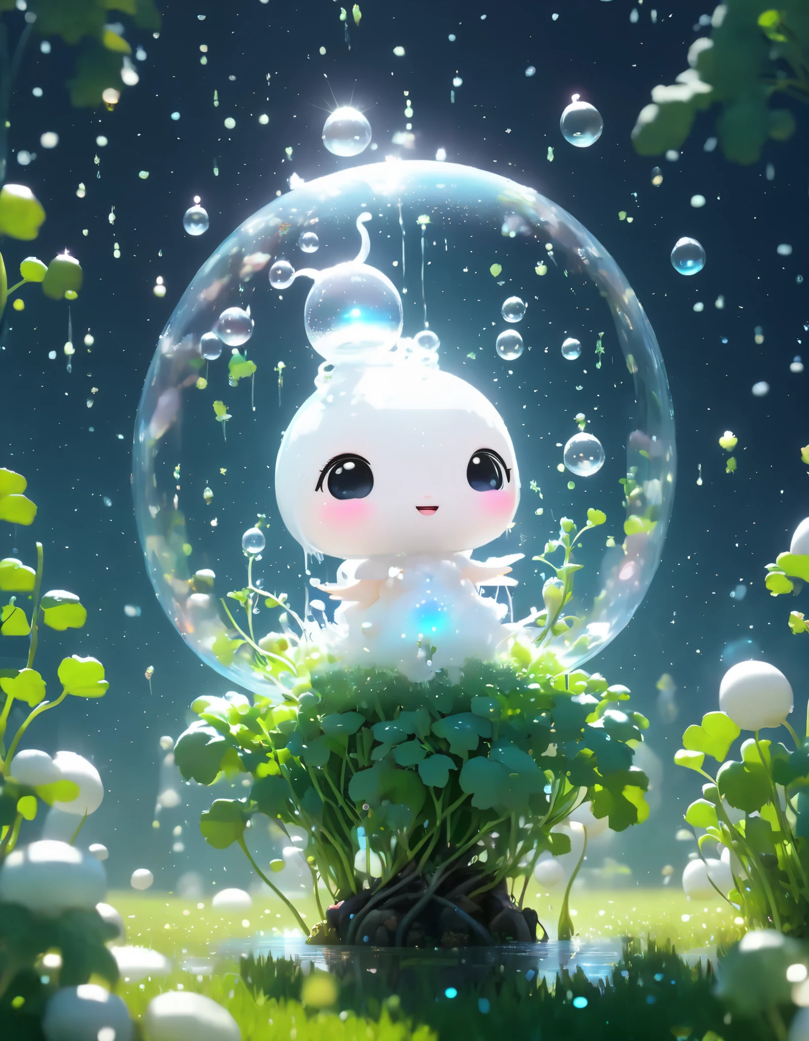 Magic bubbles are falling from the sky and floating in front of you, the bubbles reflect a fantasy world in another dimension, (chibi white radish trapped inside a bubble: 1.5), masterpiece, best quality.
