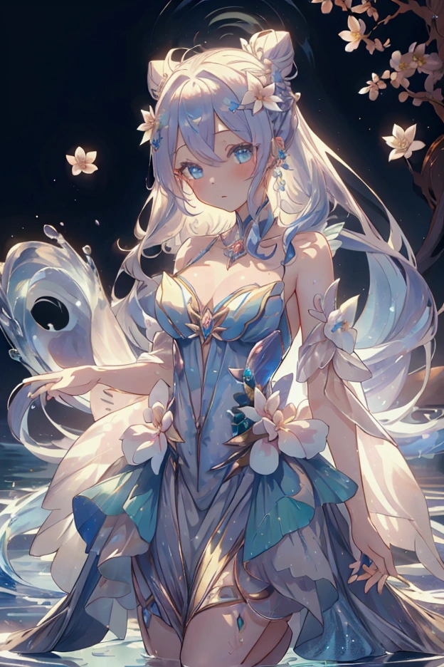 (able to use magic, masterpiece, 8k,1girl, cute chibi character, long flowing hair in a bun, elegant lily flower, water magic, character design, low exposure, zircon, water magic character design, canon of flowers, very long hair)
One fairy named Lillian Fleur...