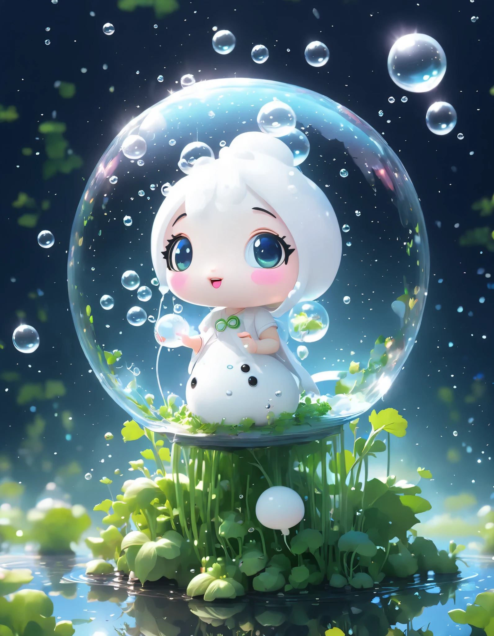 Magic bubbles are falling from the sky and floating in front of you, the bubbles reflect a fantasy world in another dimension, (chibi white radish trapped inside a bubble: 1.5), masterpiece, best quality.
