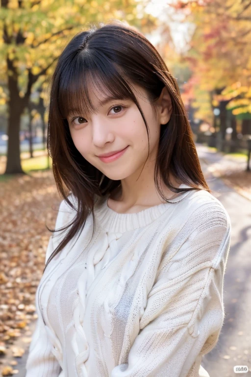 (masterpiece, best quality, perfect anatomy, highres, 8k, realistic, photorealistic, natural skin texture, no makeup:1.2), 1girl, solo, Japanese, age20, jp idol, shy smile, (very cute:1.3), large breasts, perfect figure, (oversized plain sweater:1.2), at autumn park, portrait