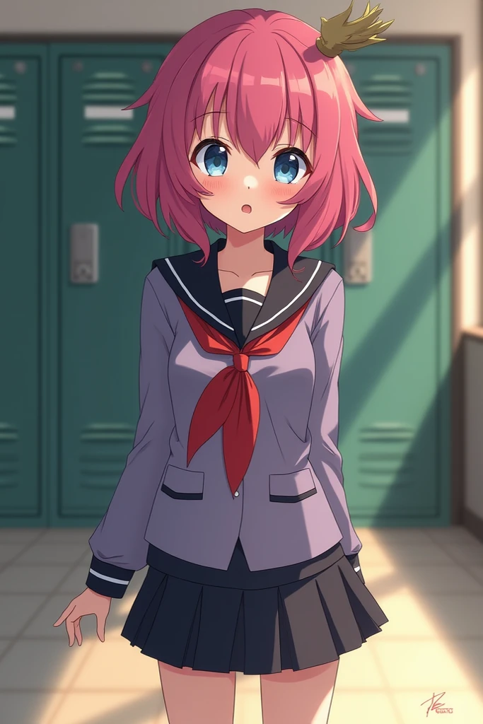 one little girl in a black sailor uniform,a school bag weighs on shoulder,school,classroom,school bag, 1girl, solo, smile, blush, makeup,headphones, pink hair, hair bow, pink bow, blue eyes , small waist, short stature,small breast , small in stature, skirt, miniskirt plaid skirt, pleated skirt,black knee-high, black Over the Knee, black knee-high socks, best quality, (extremely detailed CG unity 8k wallpaper, masterpiece, best quality, ultra-detailed, best shadow,dramatic lighting,ultra realistic), (detailed In background:1.4), High contrast, <lora:Kaidan_SDXL_V2:1> <lora:animemix_v3_offset:1> <lora:yukimura_aoi_sdxl_locon_ani31_v1:1>