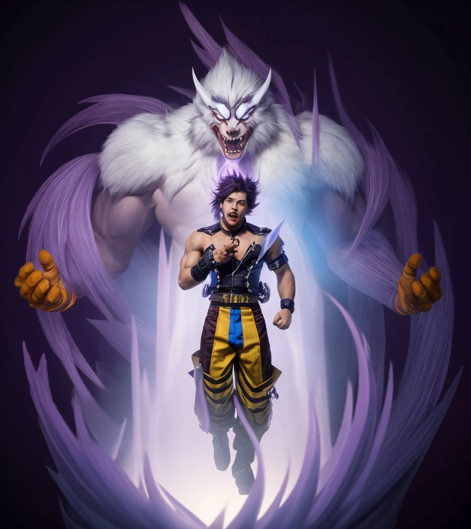Realism, 3D render of Inosuke, bangs, black hair, blue hair, green eyes, black pants, abs, fur, hakama, male focus, arms up high, happy jump, black background, white smoke