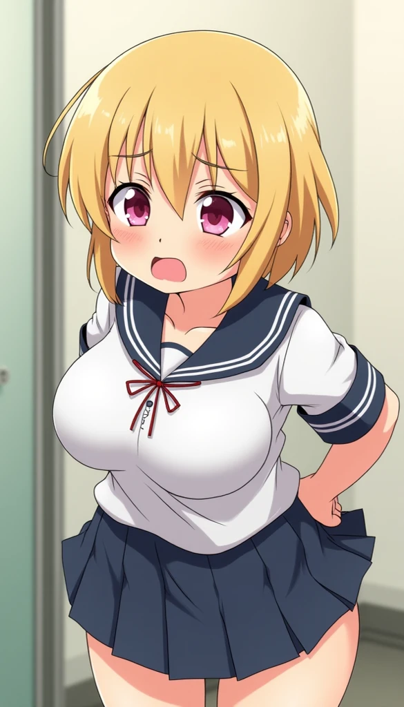 high quality, high resolution,(((nsfw))),(((one women))),(((cute face))),brown eyes,(((yellow hair))),(((blunt bangs))),(((Curl inside hair))),((small breasts:1.5)),((sweaty skin)),(((bare breasts:1.5))),((nurse)),(((nurse cap))),(((((pink Blouse))))),((white stockings)),(bottomless),
BREAK,(embarrassed,blush:1.3),(steam),(wet:0.8),(sweat:0.8),(trembling:1.3),(parted lips:1.3),(harf open eyes),(feeling weak:1.5)
BREAK,(((outdoor))),(((((late night park))))),
BREAK,(((standing))),(((arms behind head))),model posing,
BREAK,(((Angle from above))),(((focus on breasts)))