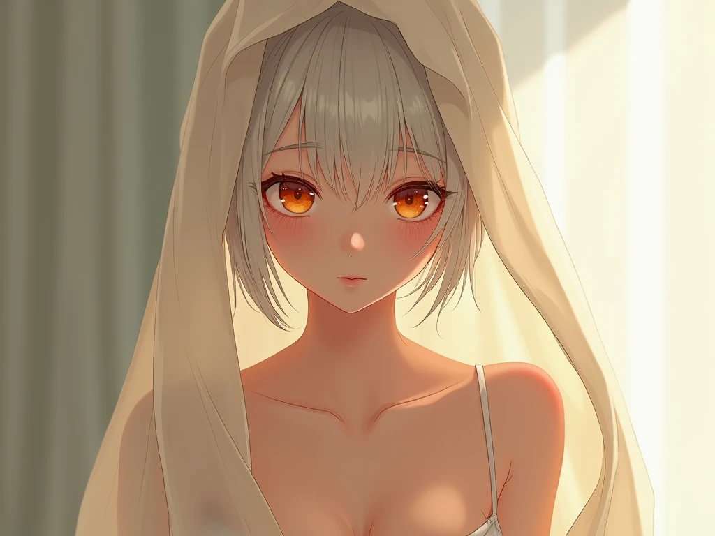A beautiful anime girl wearing a white hijab that gracefully frames her face and hair. She is dressed in a sexy white cheongsam that highlights her elegance and allure, with a daring open neckline that reveals a hint of cleavage. Her large, expressive eyes and serene expression convey both mystery and charm. The overall appearance exudes a captivating blend of beauty and sophistication.