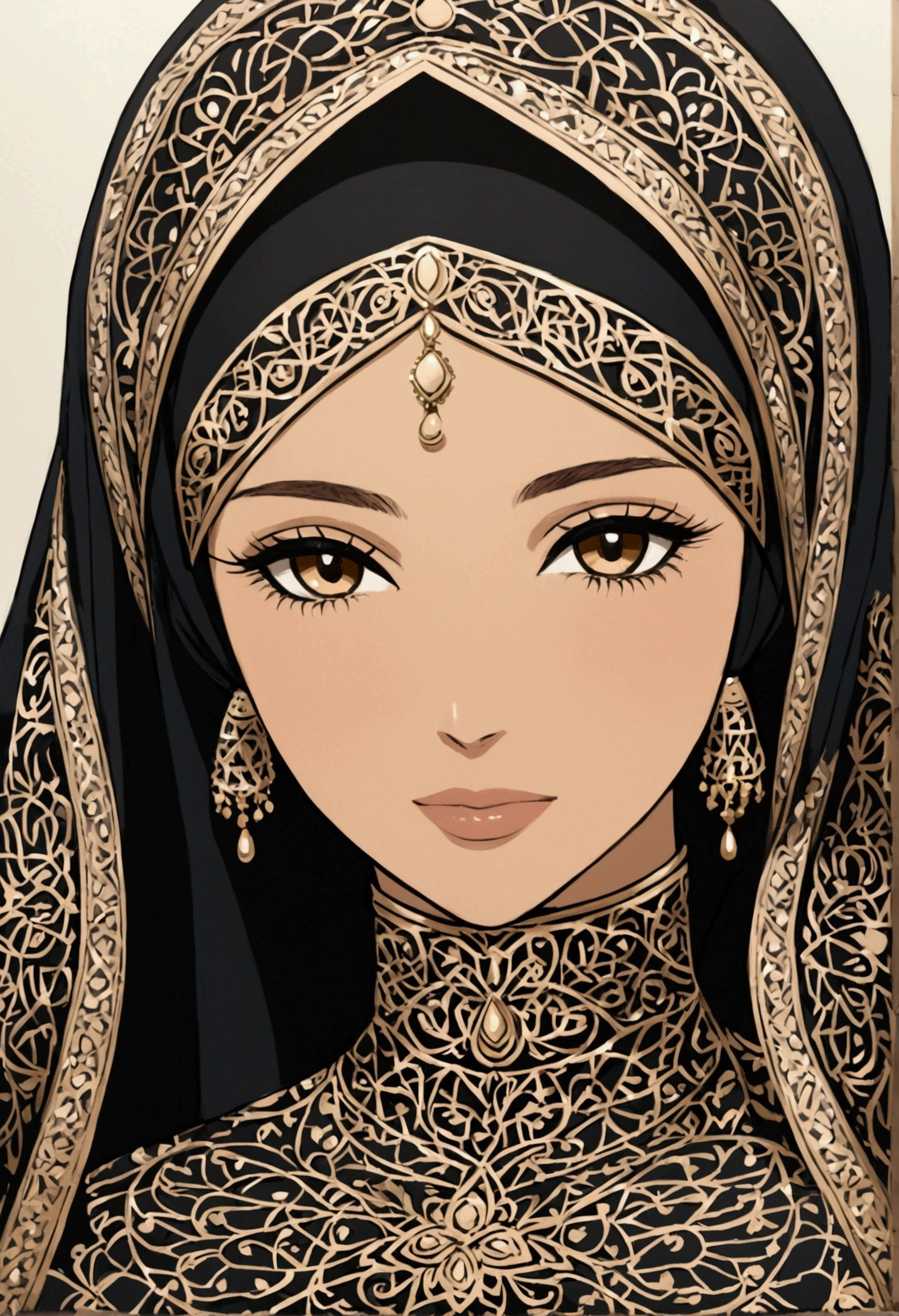 Create an emotionally charged anime-inspired depiction of a 24-year-old woman's face, adorned in a black Abaya and Khimar Hijab. Behind her, a contemporary art gallery showcases vibrant Islamic calligraphy and intricate geometric patterns, symbolizing the beauty and depth of Islamic culture, while the woman's unadorned eyes reflect the timeless wisdom and grace of faith.