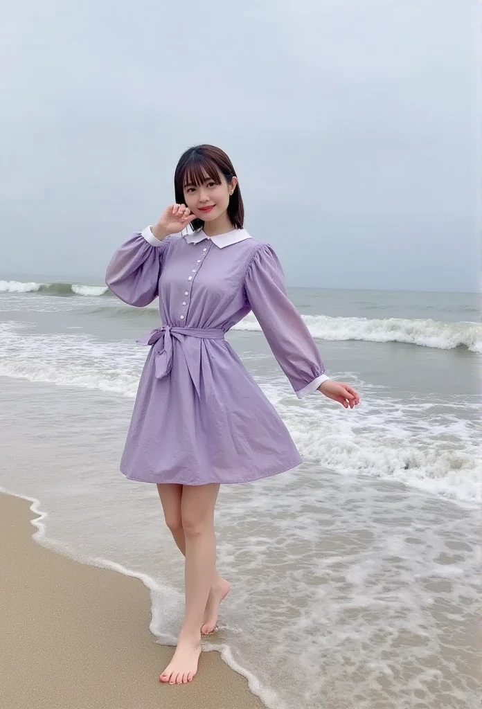 The character has brown, curly hair., honey-colored eyes, He is of medium height and has a delicate build.. She wears a lilac dress with white details, sneakers and an enchanted backpack with small magical accessories.