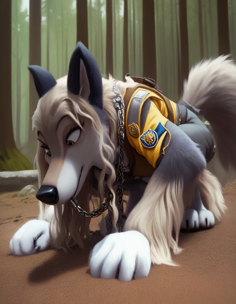 score_9, score_8_up, score_7_up, score_6_up,  a very extra long haired, anthro furry, wolf, wearing a search and rescue vest, forest, chain collar, rescue badge, sniffing the ground, crouching, long snout, long wavy hair 