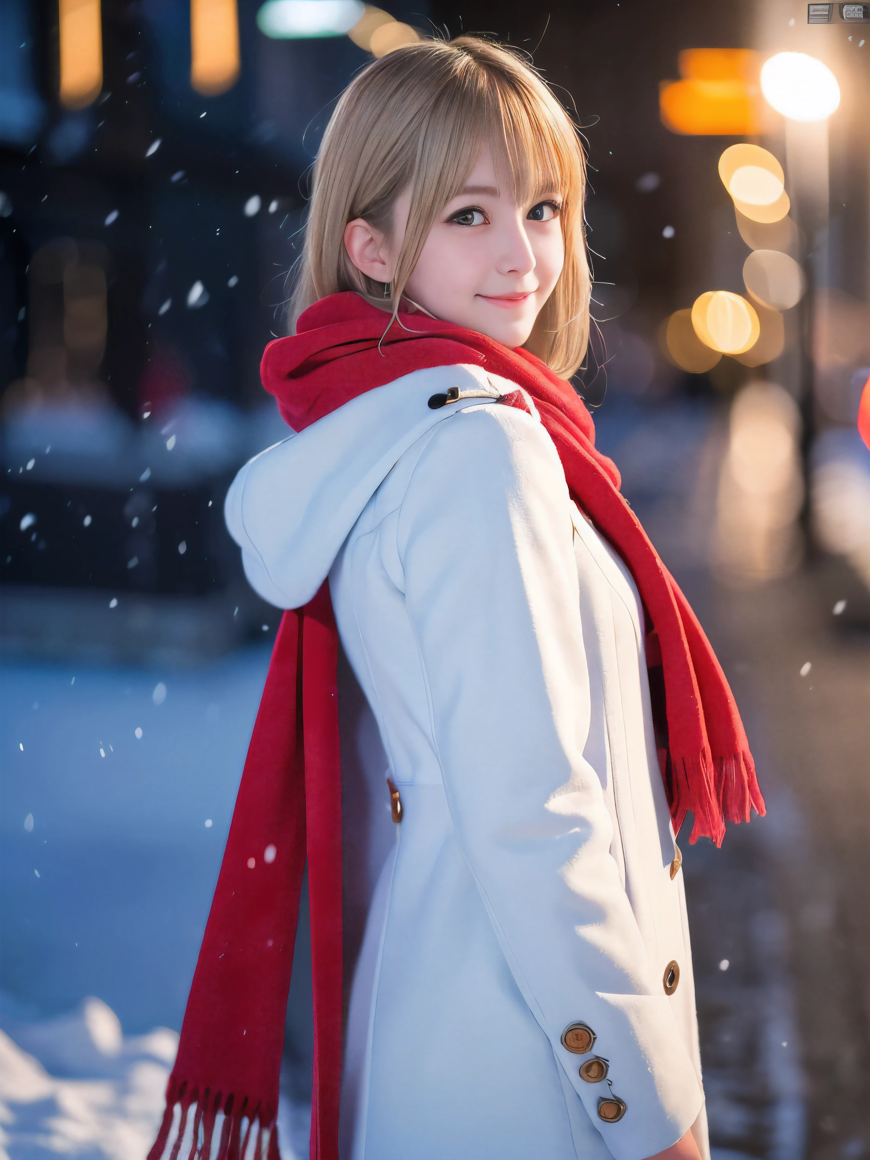 (Close-up face shot of one slender small breasts half up blonde long hair with bangs girl in a winter white long coat and red scarf:1.5)、(One blonde hair girl is looking back with crying little smile face:1.5)、(Very beautiful Christmas illumination:1.5)、(Heavy snowing night:1.5)、(blurred background:1.5)、(Natural light:1.5)、(8k ultra detailed master piece:1.5)、(perfect anatomy:1.5)、(Photorealistic stick:1.5)、(Raw photo:1.3)、(highest quality:1.5)、(High resolution:1.3)、(Delicate and beautiful perfect face:1.3)、(Delicate and beautiful eye air skin:1.3)、(Real Human Skin:1.3)、((thin legs))