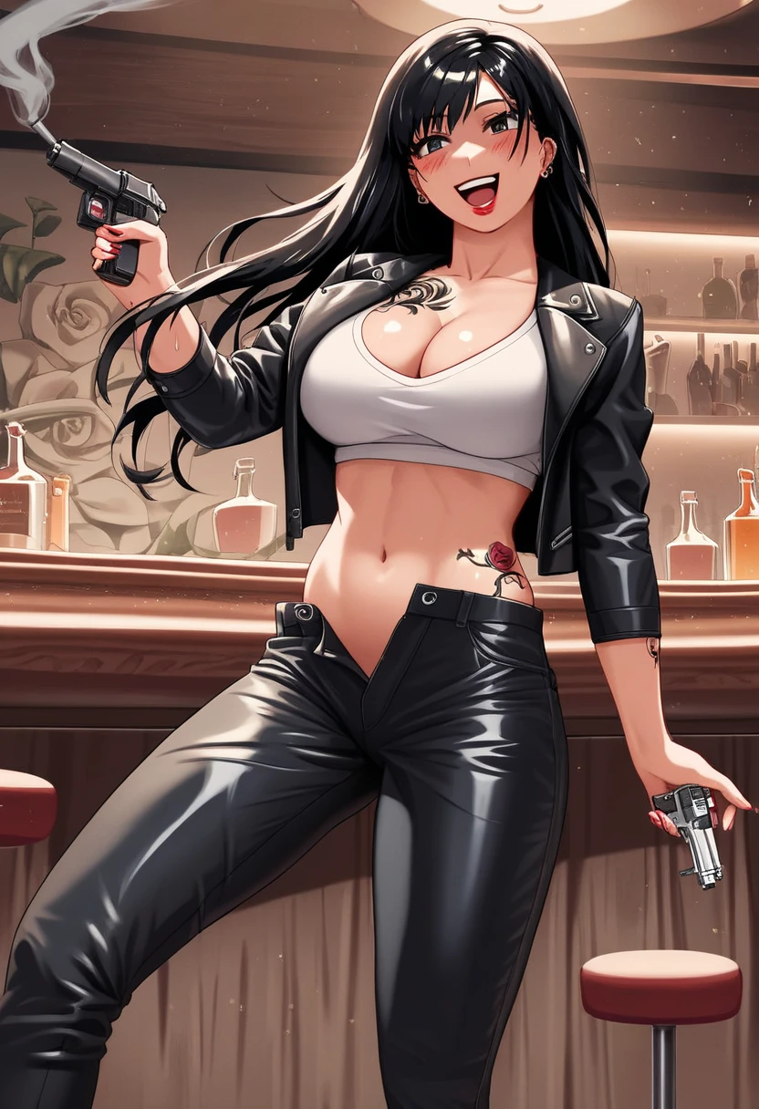 cyan_sung-sun, 1girl, solo, long black hair, purple eyes , large breasts, long hair, lipstick, smile, Hot girl, baddie, staring, glaring, bad attitude, mean girl, dare, angry, hate, crazy, smoking, sensual, attractive, bar background, inside bar, indoor, masterpiece, best quality, highly detailed, a girls with a gun, evil smile , open mouth, sexy gaze, badass pose , evil smile, smile, (nsfw) not safe for work, guns blazing, anime girl with long hair, beautiful long haired girl, navel, evil expression, exposed belly, exposed navel, exposed midriff, exposed lower belly, long black pants, crop top, cleavage, unbuttoned leather pants ,open fly, low rise black leather pants, leather jacket, holding a gun, holding pistol, navel piercing