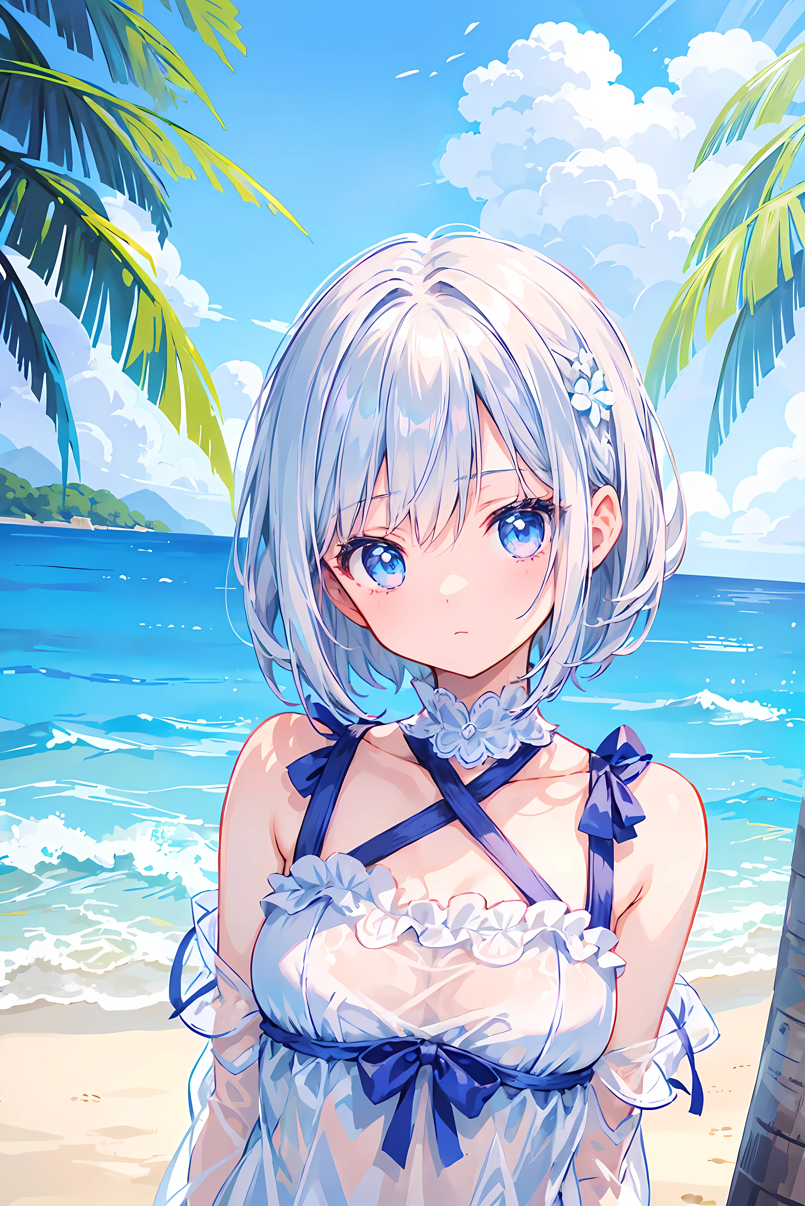 ((((Fluttering swimsuit Ocean)))) (((Gray Hair short hair blue eyes woman Center close-up))),((Splash sun cloud)),(Wearing a hat black smile), Showing teeth Shining Background Shining Edges