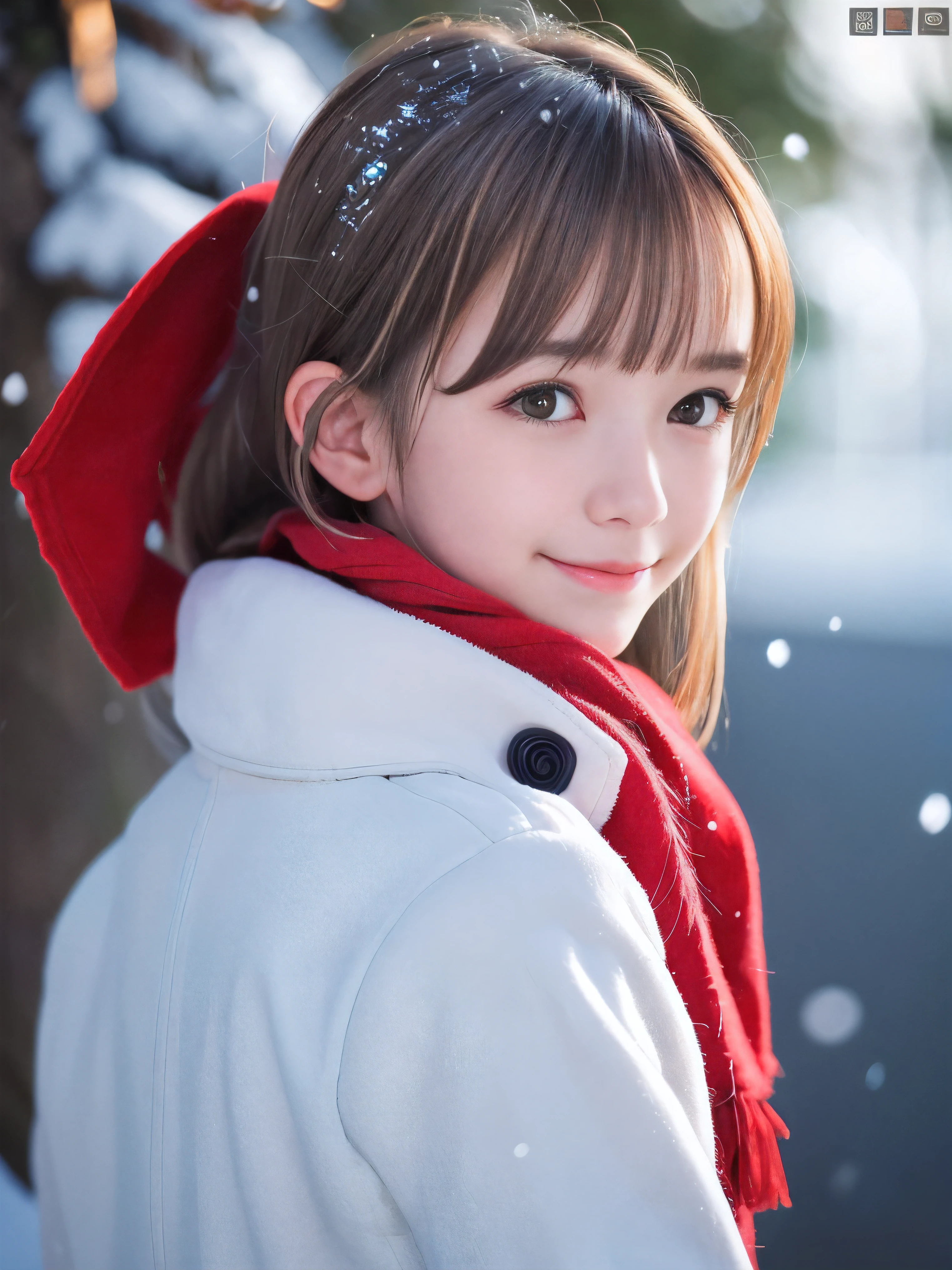 (Close-up face shot of one slender small breasts half up blonde long hair with bangs girl in a winter white long coat and red scarf:1.5)、(One blonde hair girl is looking back with crying little smile face:1.5)、(Very beautiful Christmas illumination:1.5)、(Heavy snowing night:1.5)、(blurred background:1.5)、(Natural light:1.5)、(8k ultra detailed master piece:1.5)、(perfect anatomy:1.5)、(Photorealistic stick:1.5)、(Raw photo:1.3)、(highest quality:1.5)、(High resolution:1.3)、(Delicate and beautiful perfect face:1.3)、(Delicate and beautiful eye air skin:1.3)、(Real Human Skin:1.3)、((thin legs))