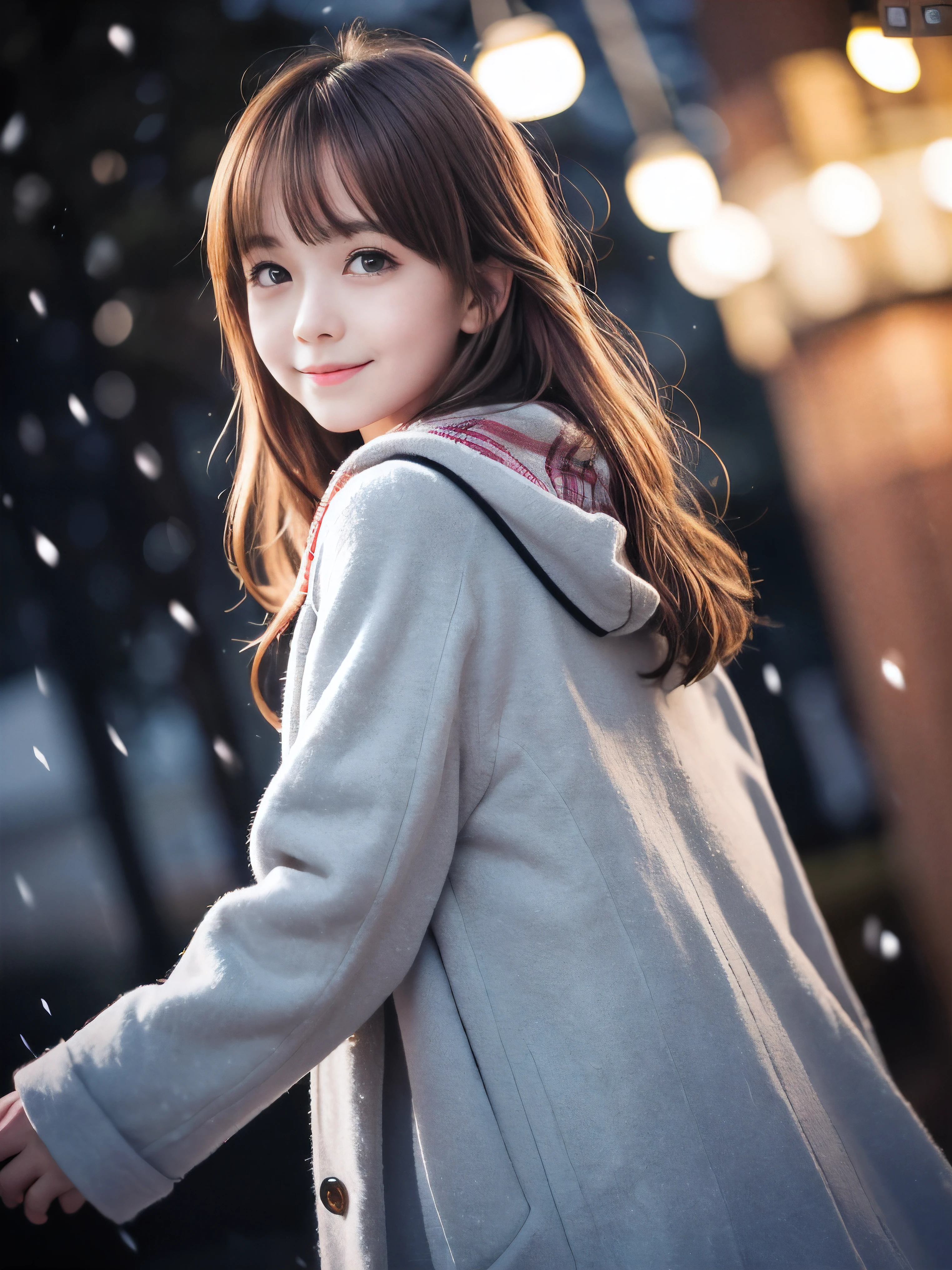 (Close-up face shot of one slender small breasts red brown wavy long hair with dull bangs girl in a winter long coat and  scarf:1.5)、(One girl is looking back with crying little smile face:1.5)、(Very beautiful Christmas illumination night:1.5)、(Heavy snowing night:1.5)、(blurred background:1.5)、(Natural light:1.5)、(8k ultra detailed master piece:1.5)、(perfect anatomy:1.5)、(Photorealistic stick:1.5)、(Raw photo:1.3)、(highest quality:1.5)、(High resolution:1.3)、(Delicate and beautiful perfect face:1.3)、(Delicate and beautiful eye air skin:1.3)、(Real Human Skin:1.3)、((thin legs))