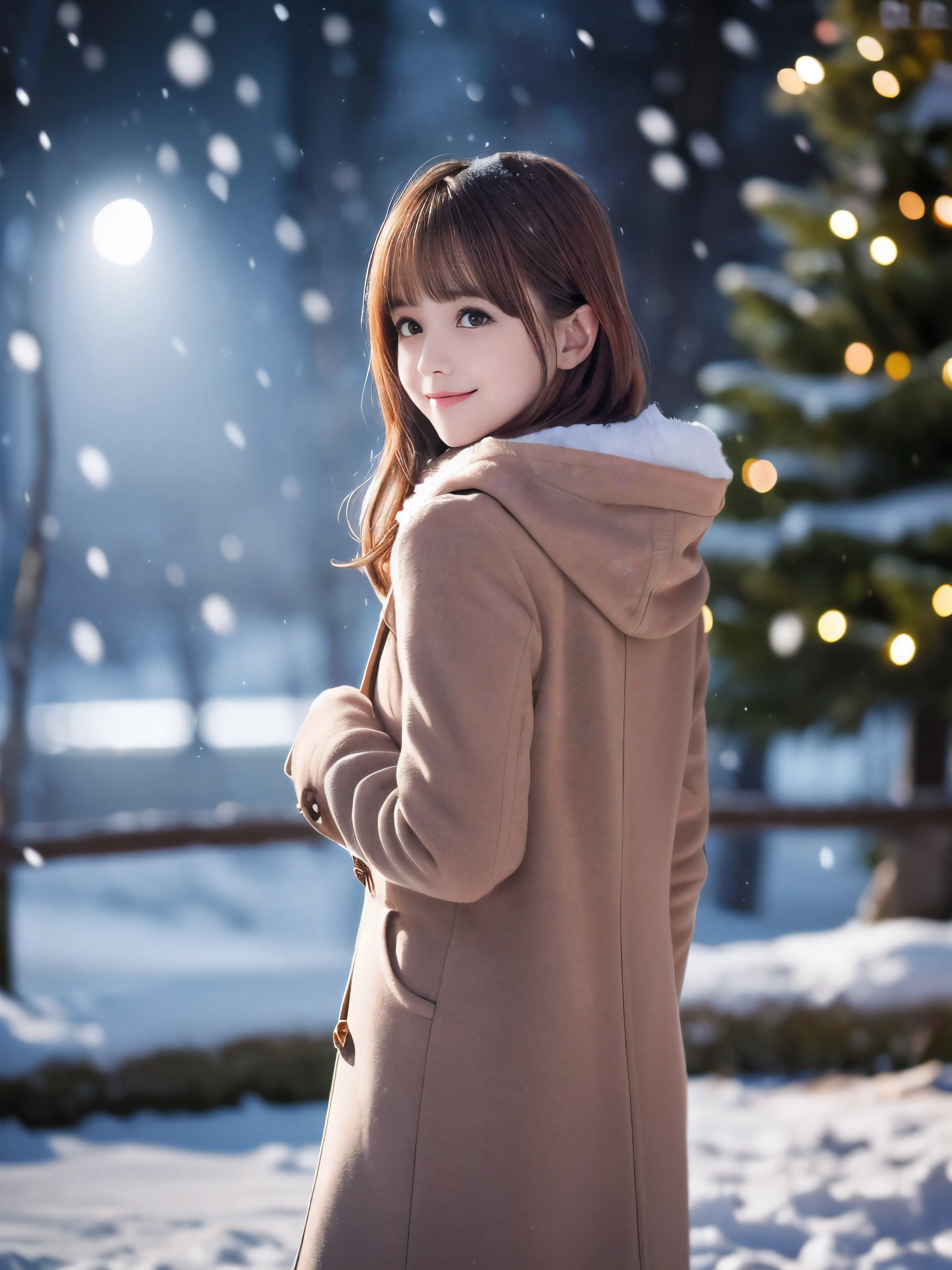 (Close-up face shot of one slender small breasts red brown wavy long hair with dull bangs girl in a winter long coat and  scarf:1.5)、(One girl is looking back with crying little smile face:1.5)、(Very beautiful Christmas illumination night:1.5)、(Heavy snowing night:1.5)、(blurred background:1.5)、(Natural light:1.5)、(8k ultra detailed master piece:1.5)、(perfect anatomy:1.5)、(Photorealistic stick:1.5)、(Raw photo:1.3)、(highest quality:1.5)、(High resolution:1.3)、(Delicate and beautiful perfect face:1.3)、(Delicate and beautiful eye air skin:1.3)、(Real Human Skin:1.3)、((thin legs))