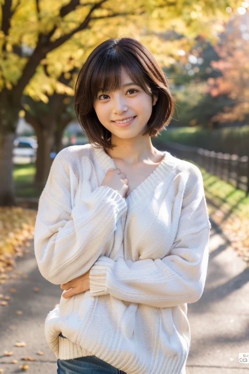 (masterpiece, best quality, perfect anatomy, highres, 8k, realistic, photorealistic, natural skin texture, no makeup:1.2), 1girl, solo, Japanese, age20, jp idol, shy smile, (very cute:1.3), large breasts, shorthair, perfect figure, (oversized plain sweater:1.2), at autumn park, portrait